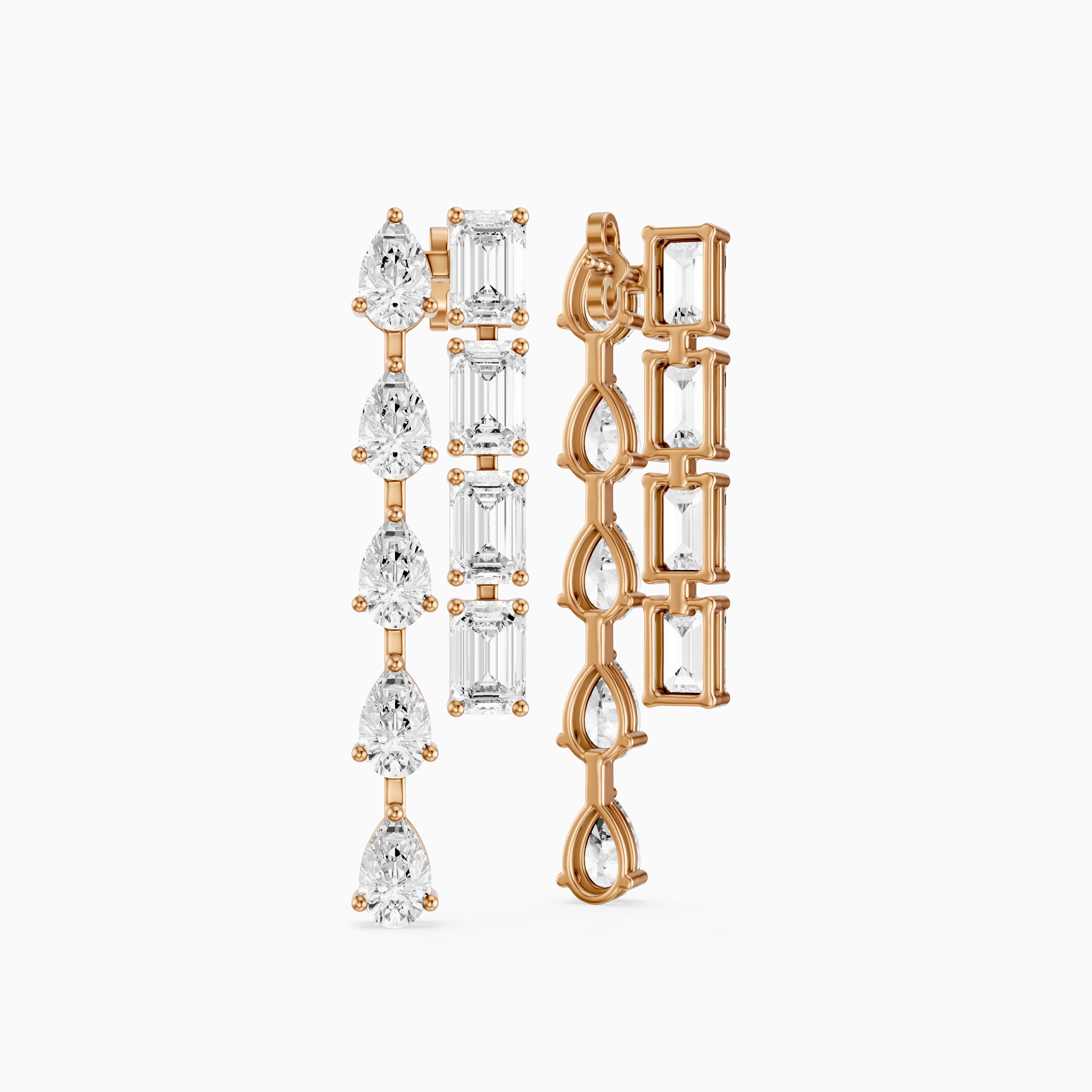 Delta Dual Linear Pear and Emerald Cut Lab Grown Diamond Dangle Earrings