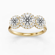 Ashley Three Stone Round Halo Moissanite Diamond Ring