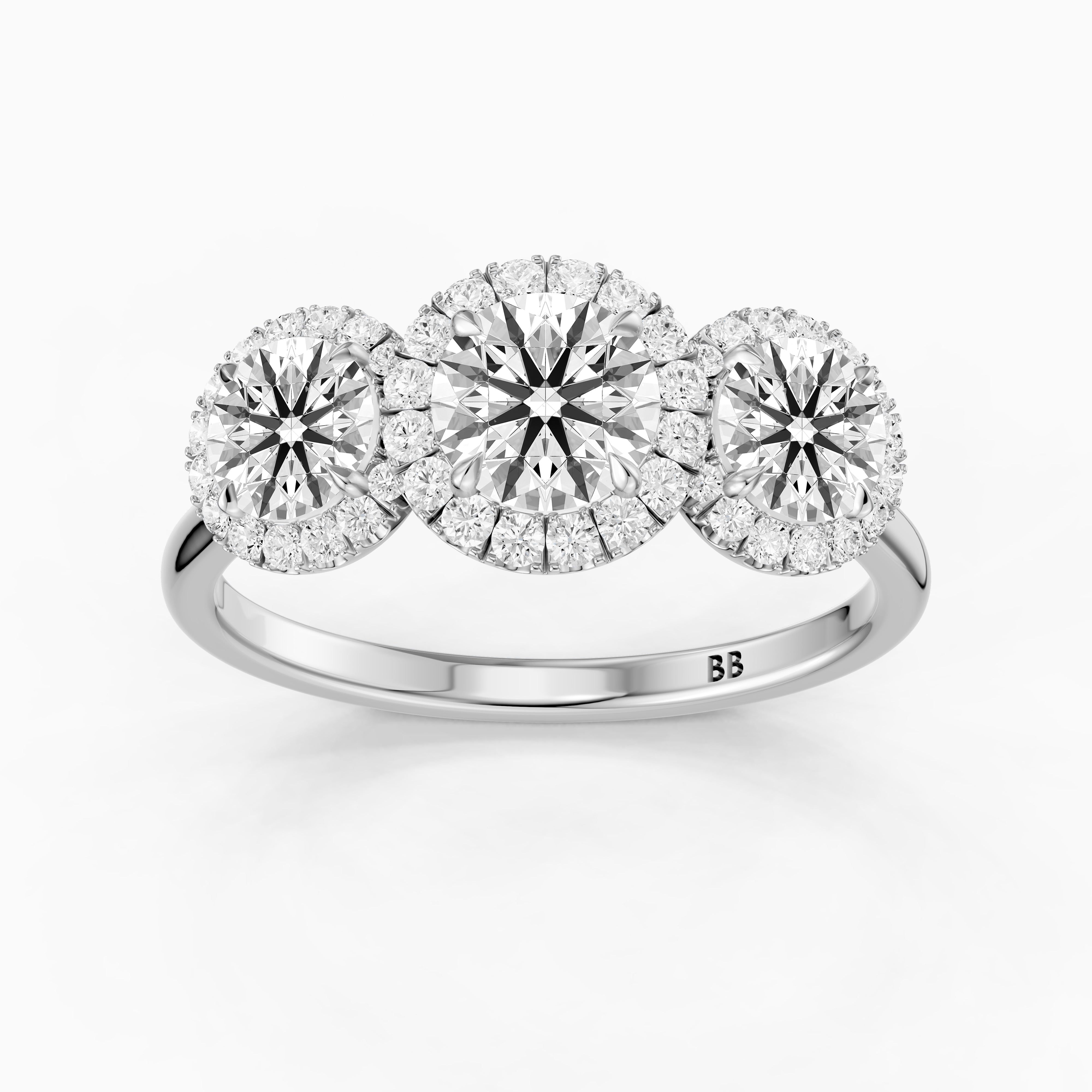 Ashley Three Stone Round Halo Moissanite Diamond Ring