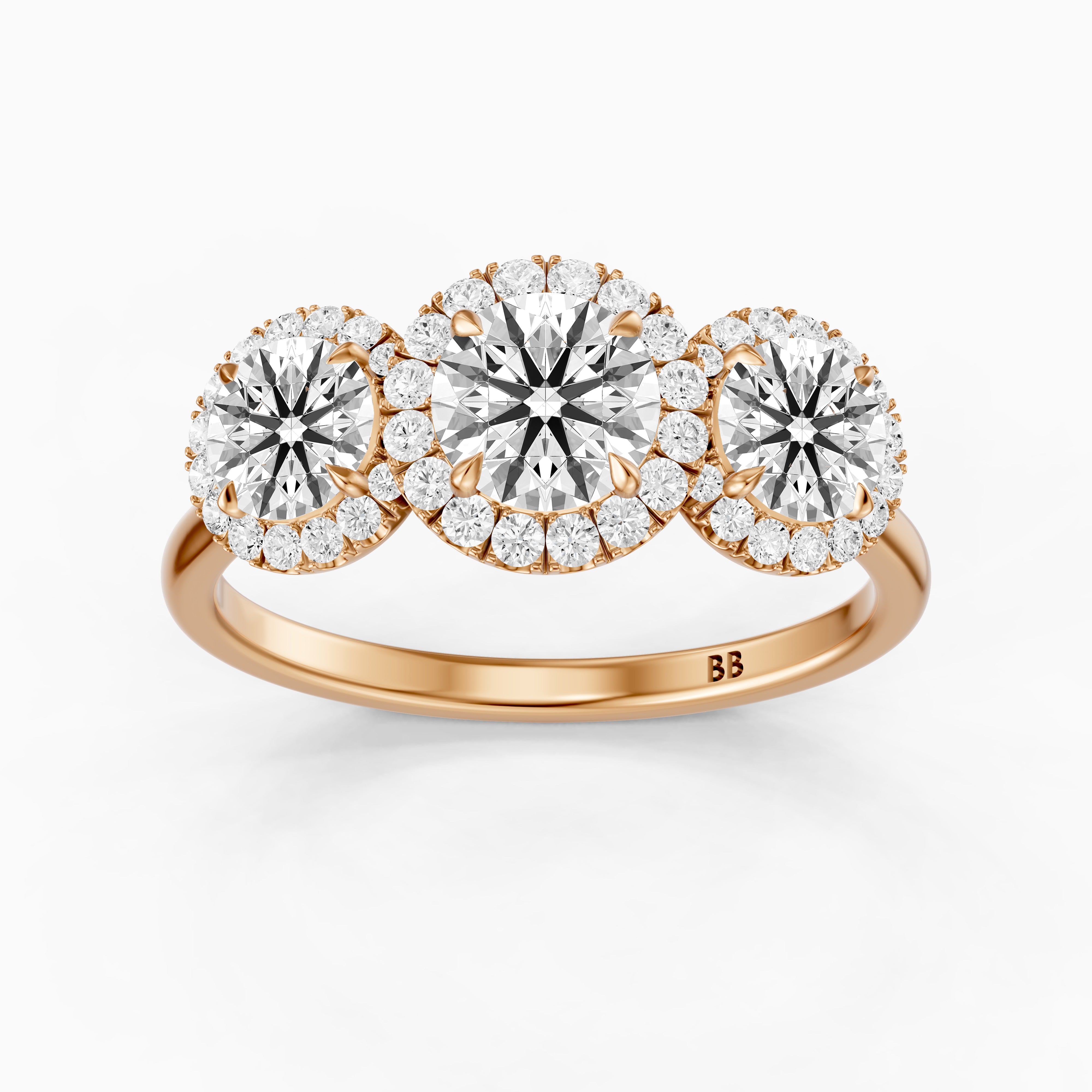 Ashley Three Stone Round Halo Moissanite Diamond Ring