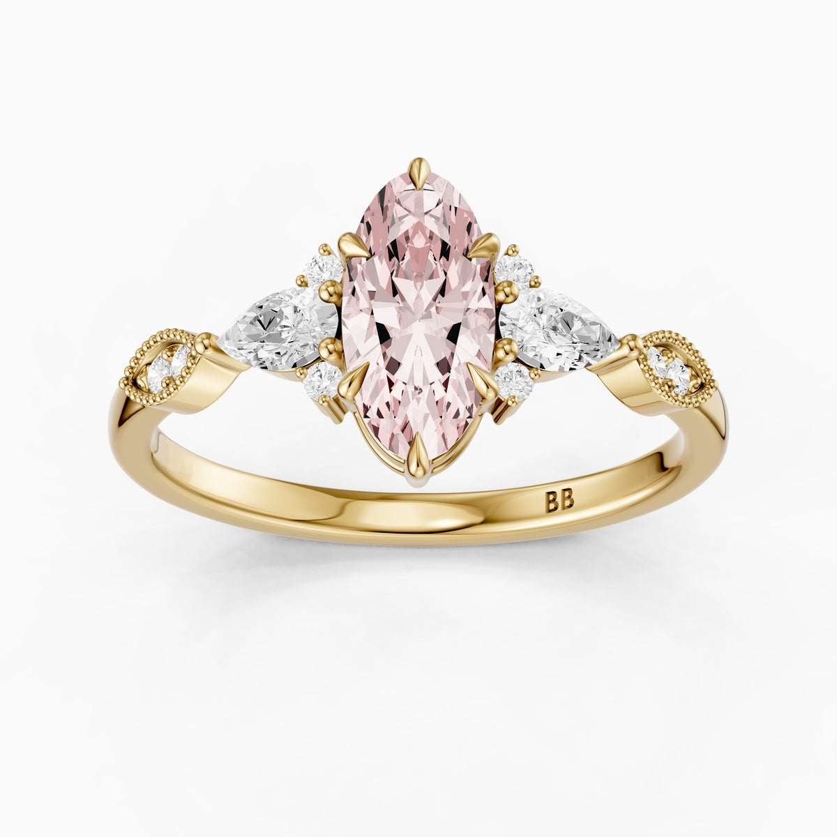 Jemima Moval Pink Lab Grown Diamond Vintage Style Ring with Pear and Round Accents