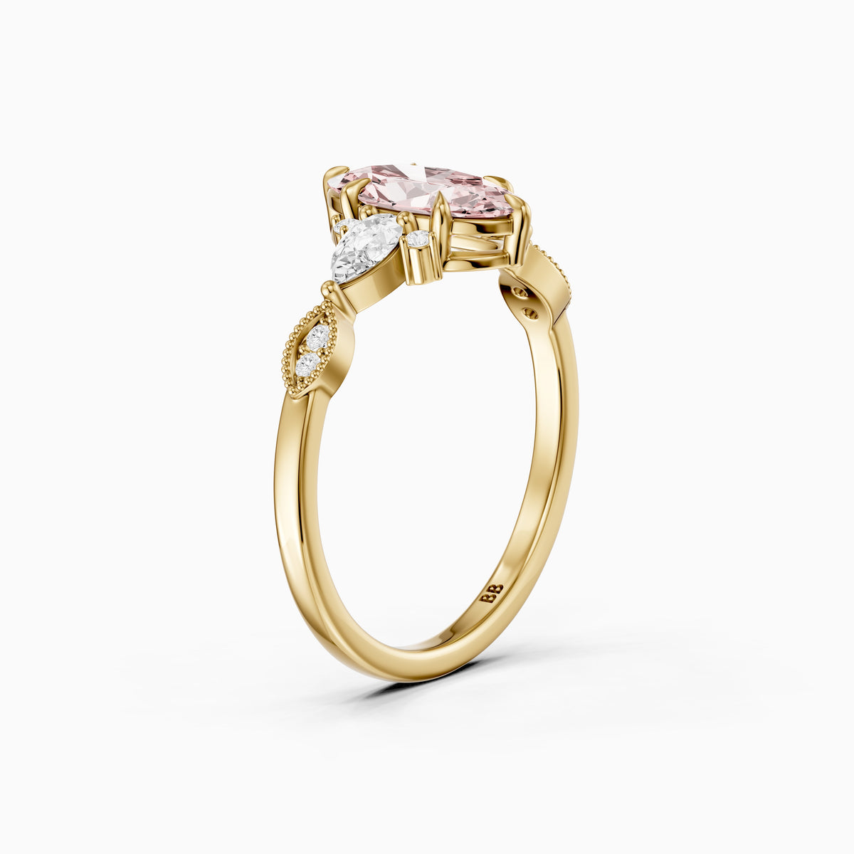 Jemima Moval Pink Lab Grown Diamond Vintage Style Ring with Pear and Round Accents