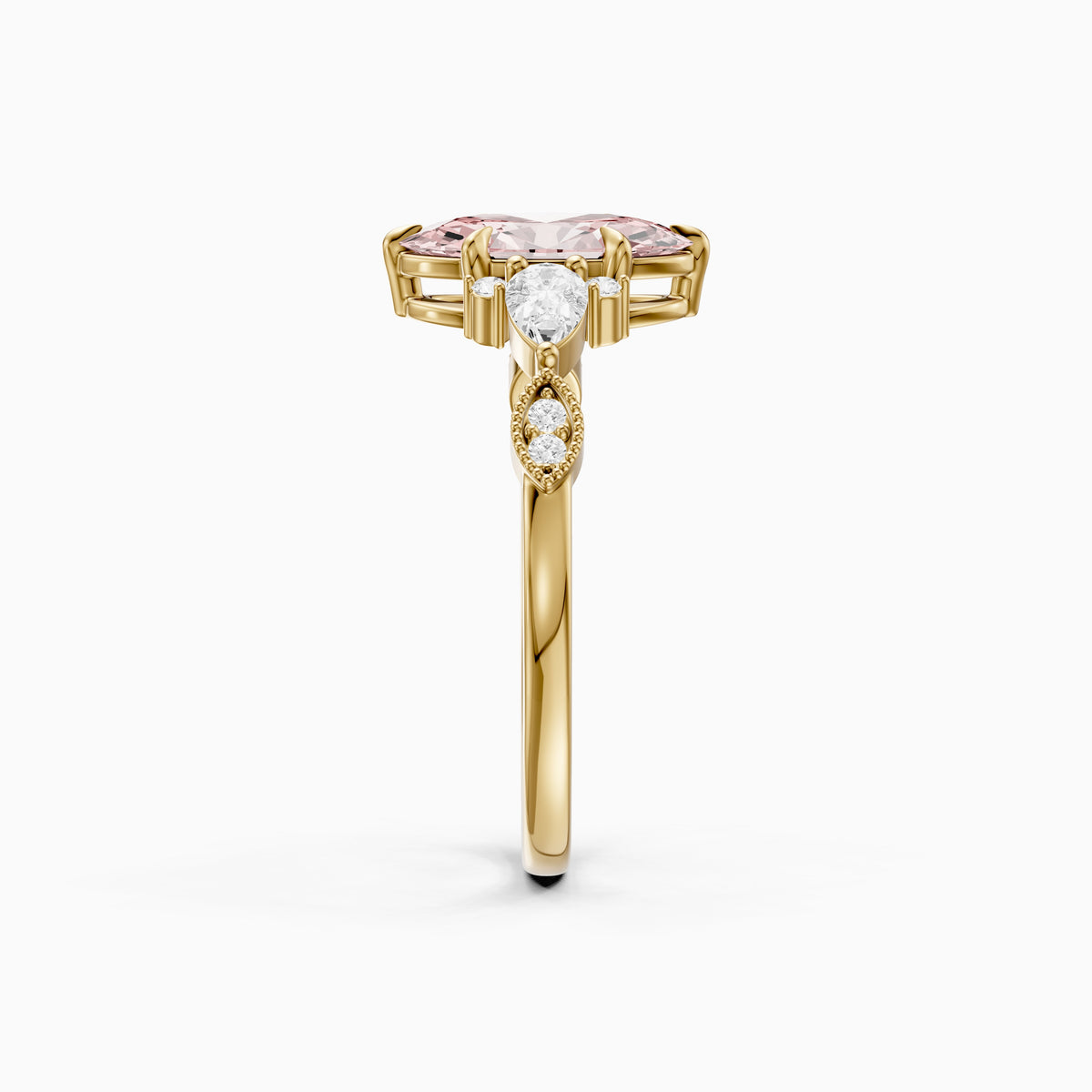 Jemima Moval Pink Lab Grown Diamond Vintage Style Ring with Pear and Round Accents