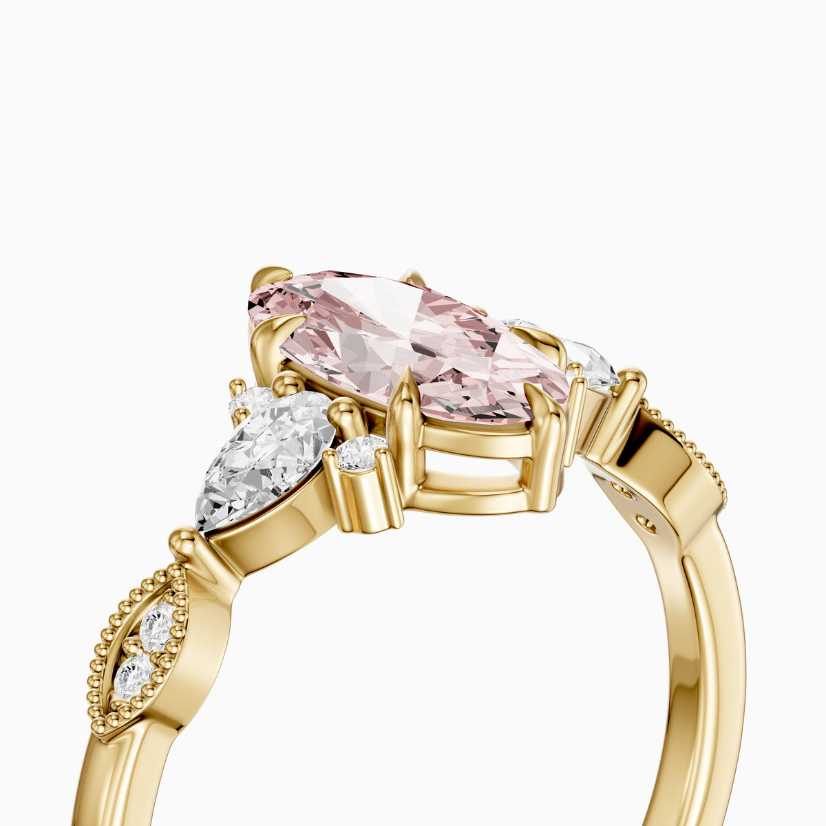 Jemima Moval Pink Lab Grown Diamond Vintage Style Ring with Pear and Round Accents