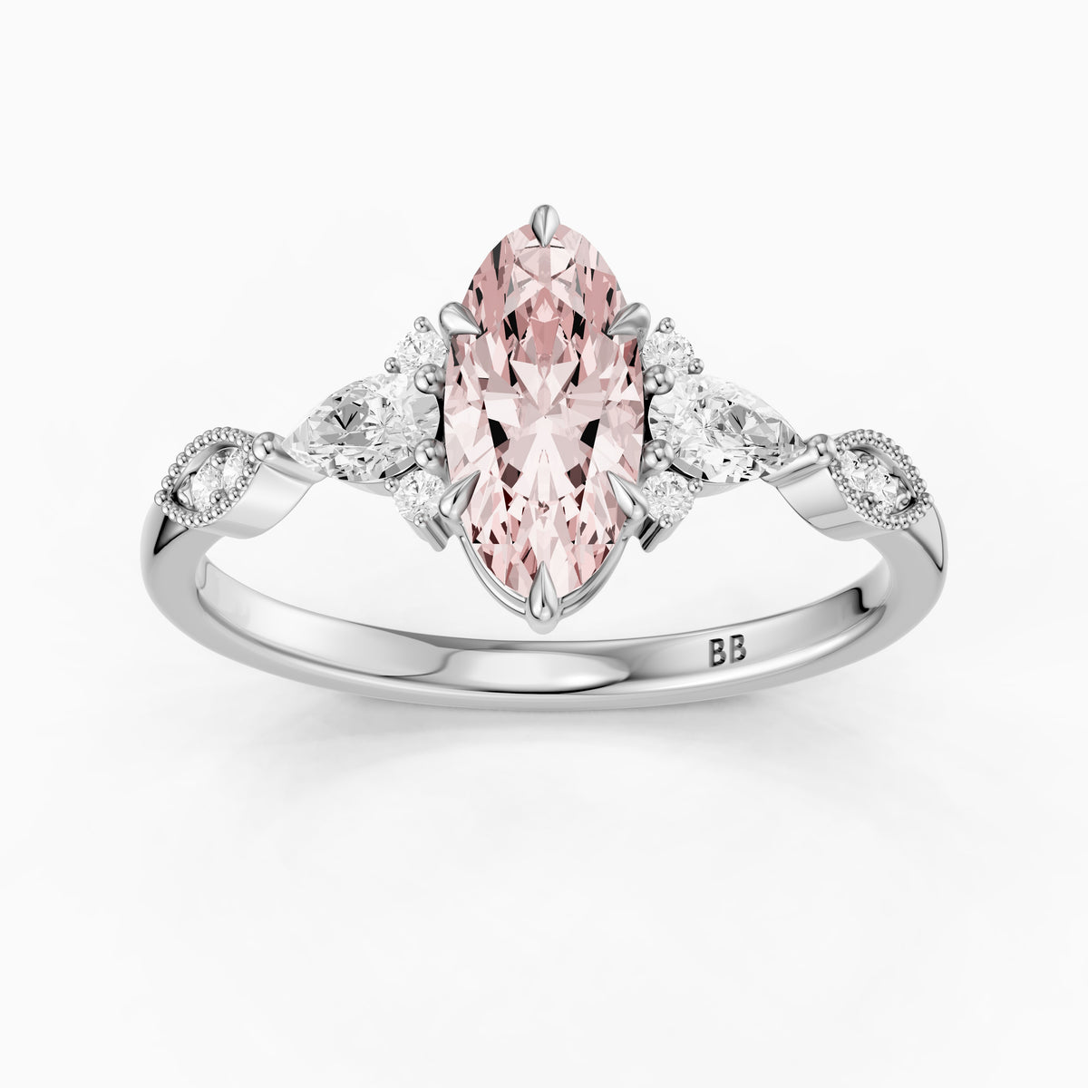 Jemima Moval Pink Lab Grown Diamond Vintage Style Ring with Pear and Round Accents