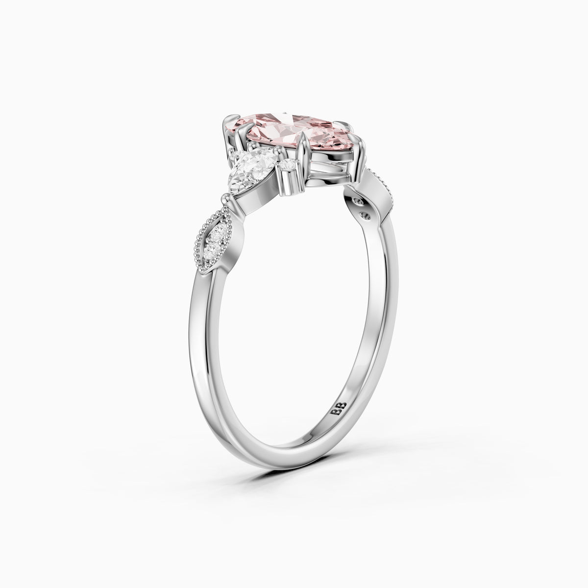 Jemima Moval Pink Lab Grown Diamond Vintage Style Ring with Pear and Round Accents