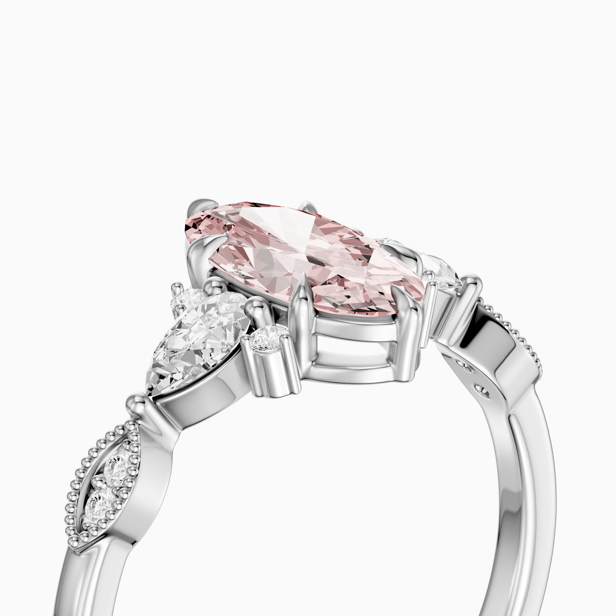 Jemima Moval Pink Lab Grown Diamond Vintage Style Ring with Pear and Round Accents