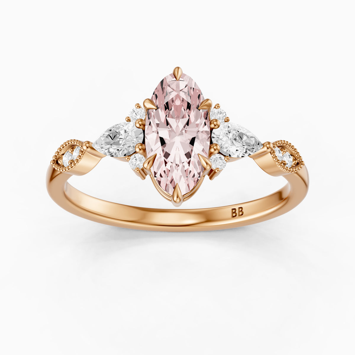 Jemima Moval Pink Lab Grown Diamond Vintage Style Ring with Pear and Round Accents