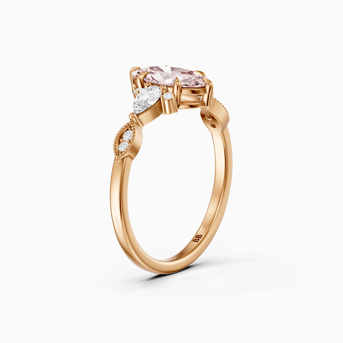 Jemima Moval Pink Lab Grown Diamond Vintage Style Ring with Pear and Round Accents