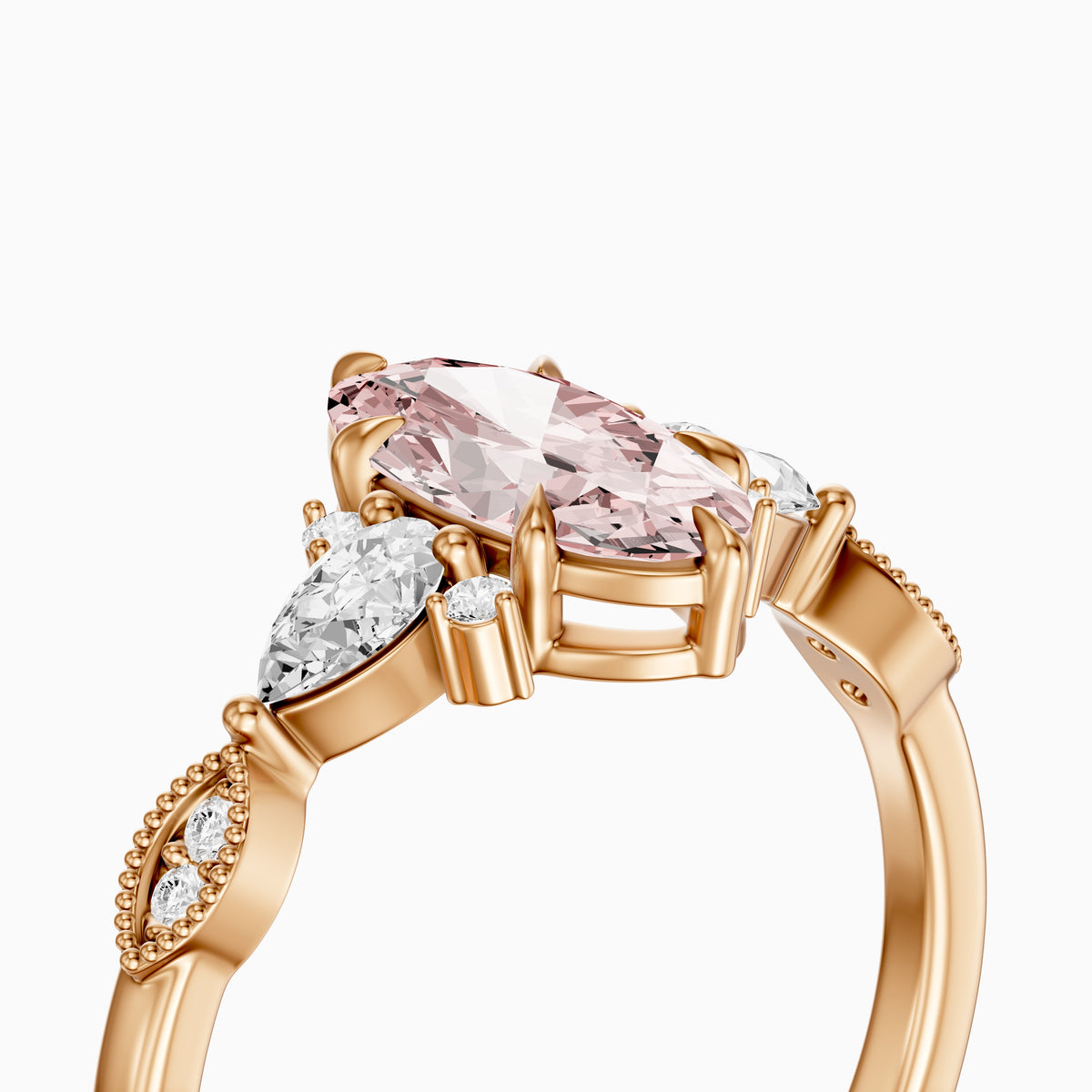 Jemima Moval Pink Lab Grown Diamond Vintage Style Ring with Pear and Round Accents