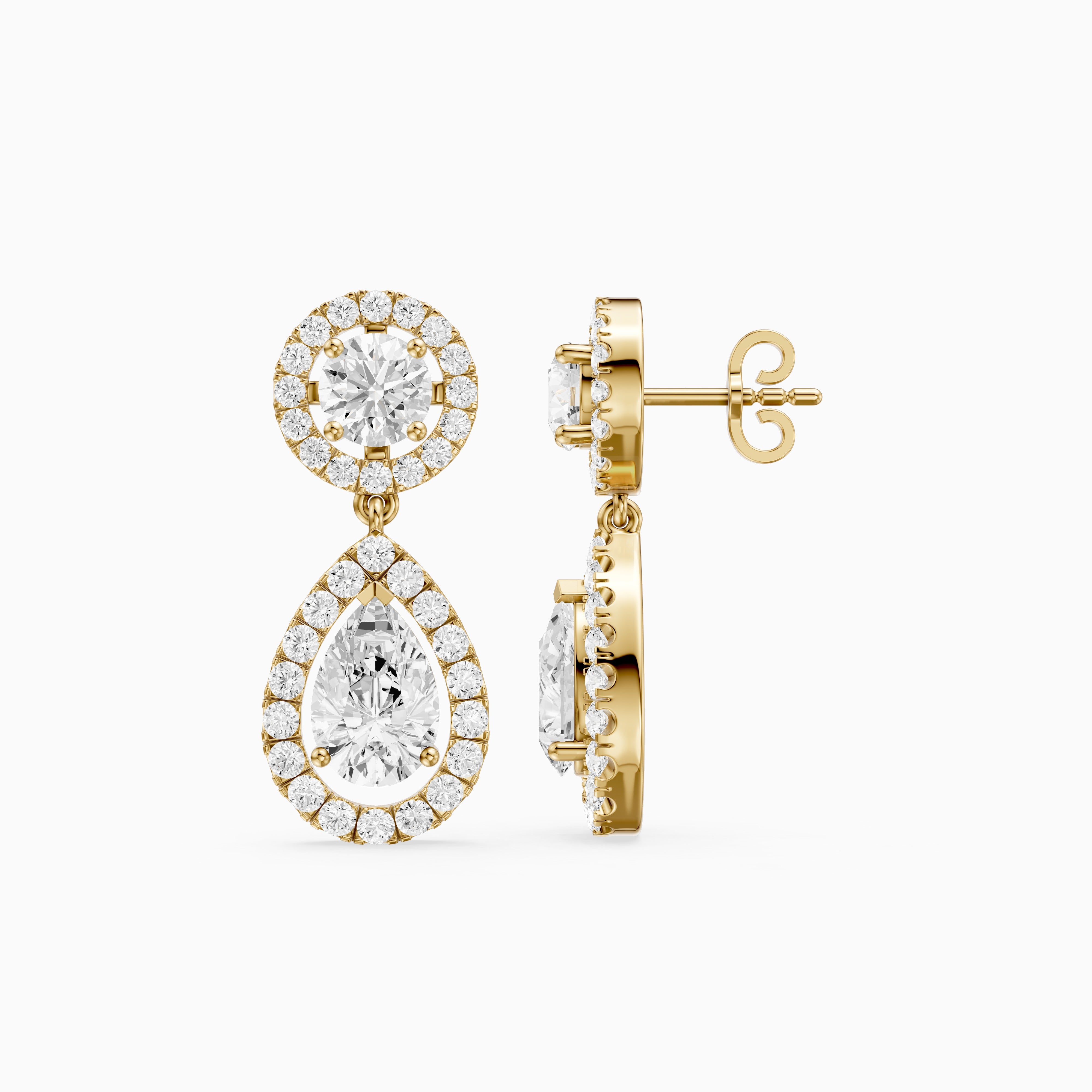 Echo Round and Pear Shaped Halo Lab Grown Diamond Drop Earrings