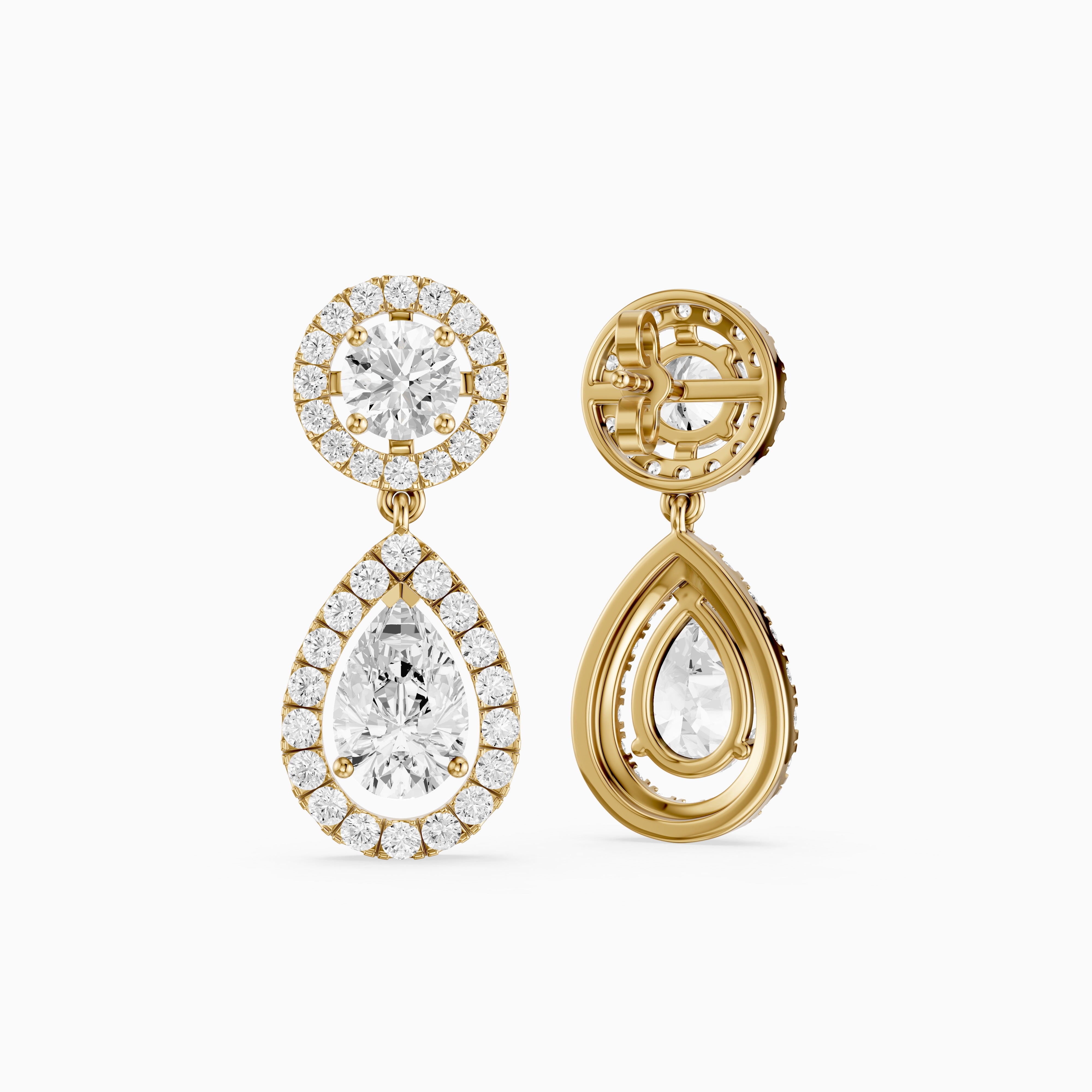 Echo Round and Pear Shaped Halo Lab Grown Diamond Drop Earrings