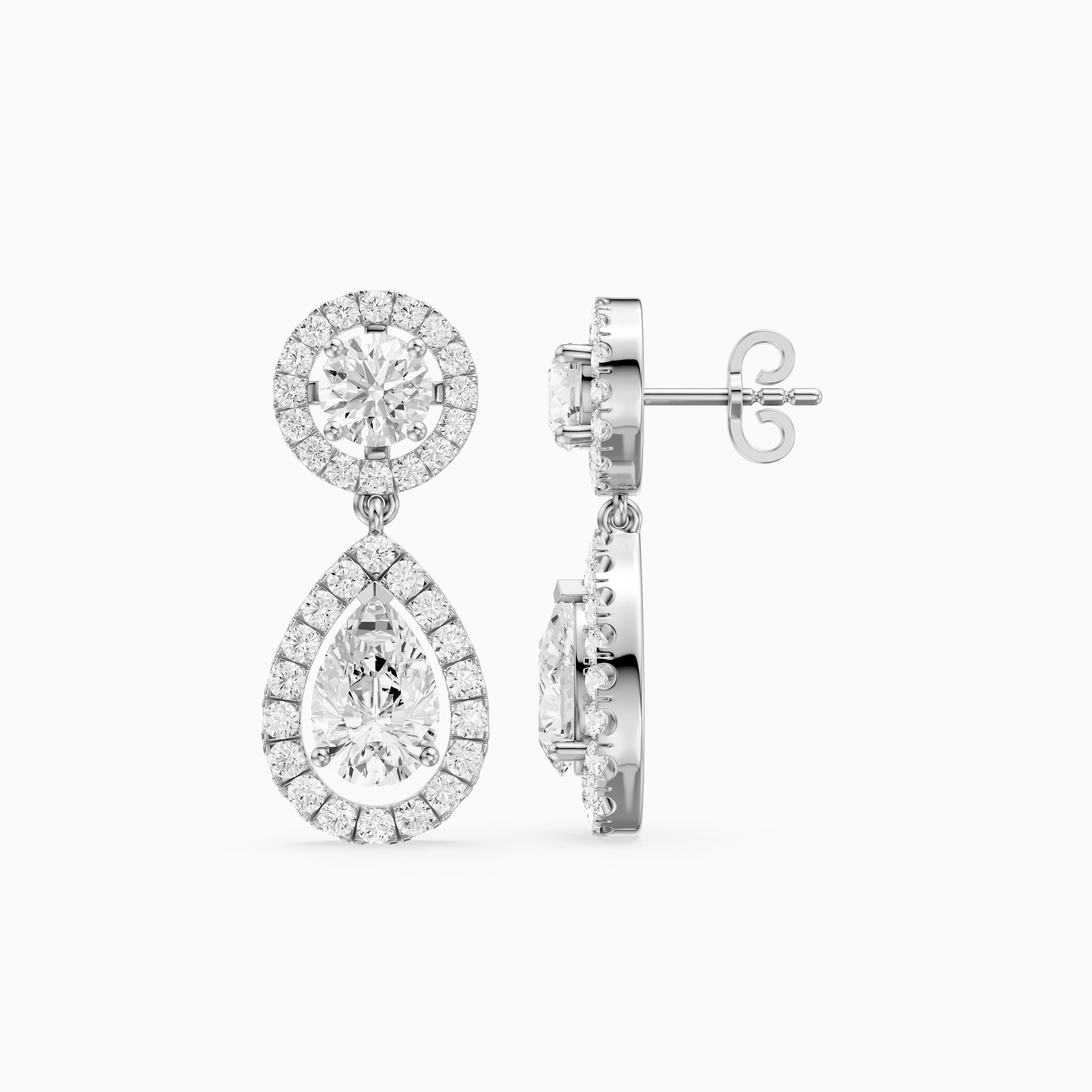 Echo Round and Pear Shaped Halo Lab Grown Diamond Drop Earrings