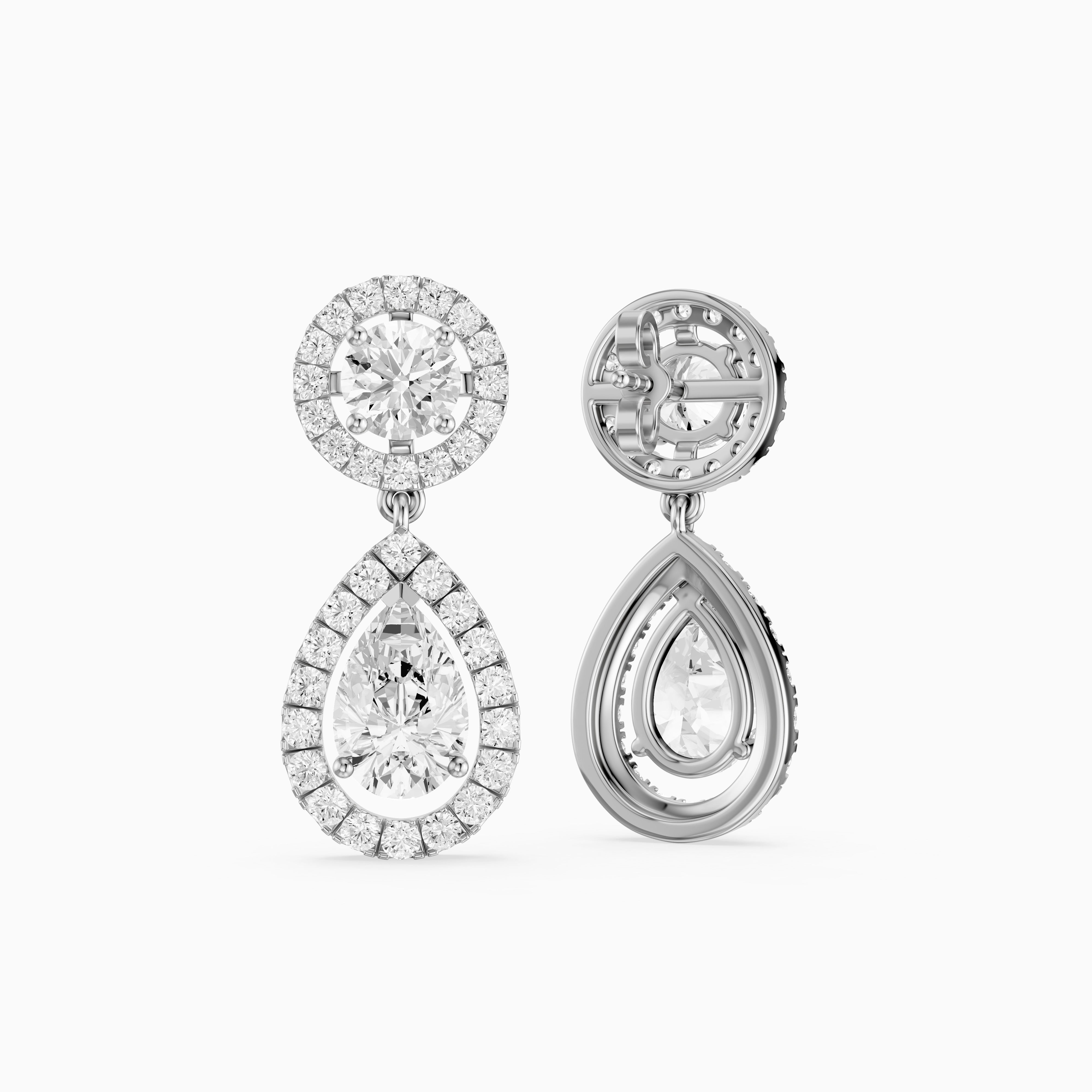 Echo Round and Pear Shaped Halo Lab Grown Diamond Drop Earrings