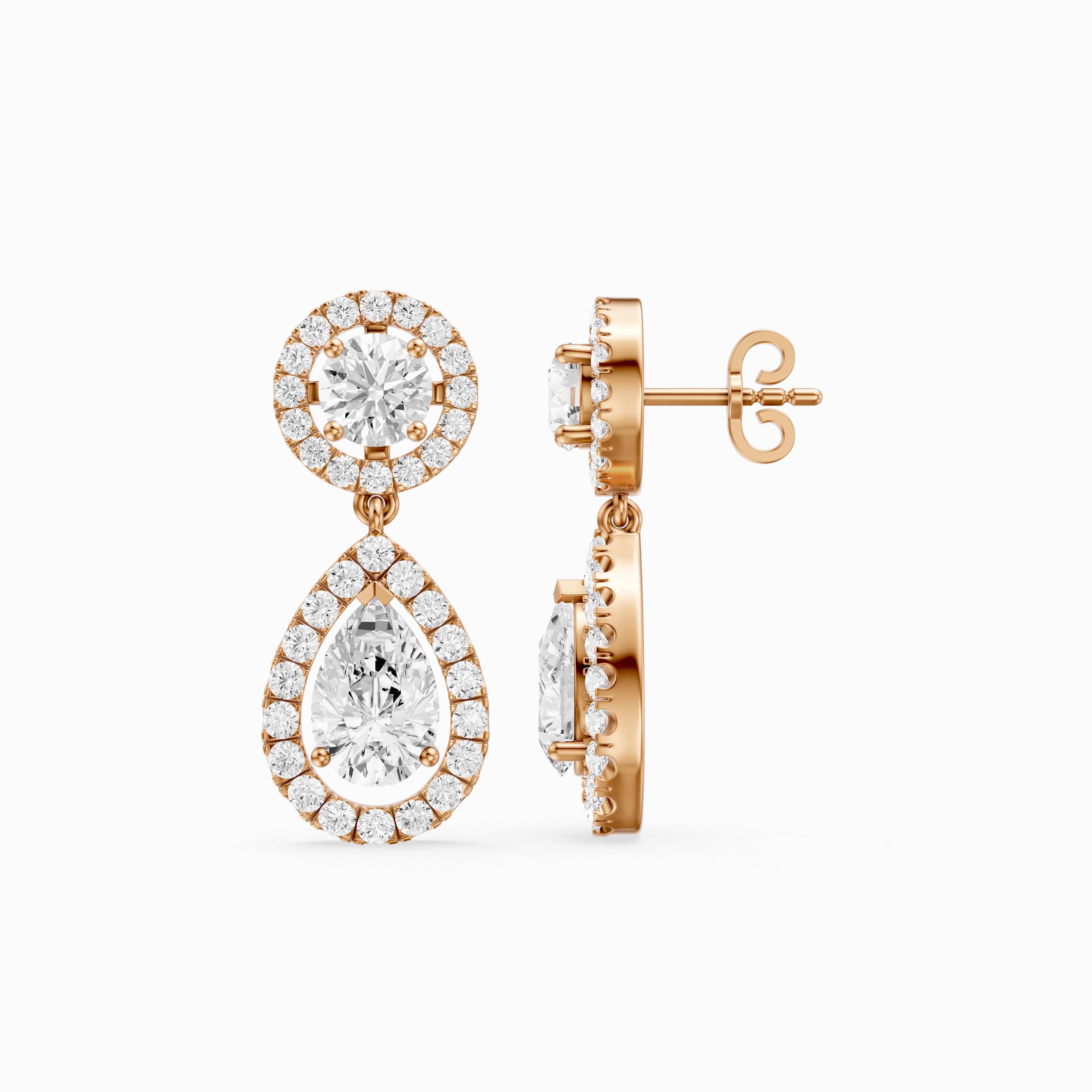 Echo Round and Pear Shaped Halo Lab Grown Diamond Drop Earrings
