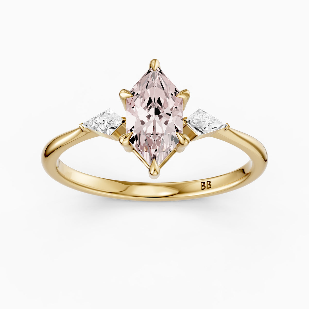 Greerly Dutch Marquise Pink Lab Grown Diamond Three Stone Ring with Kite Diamonds