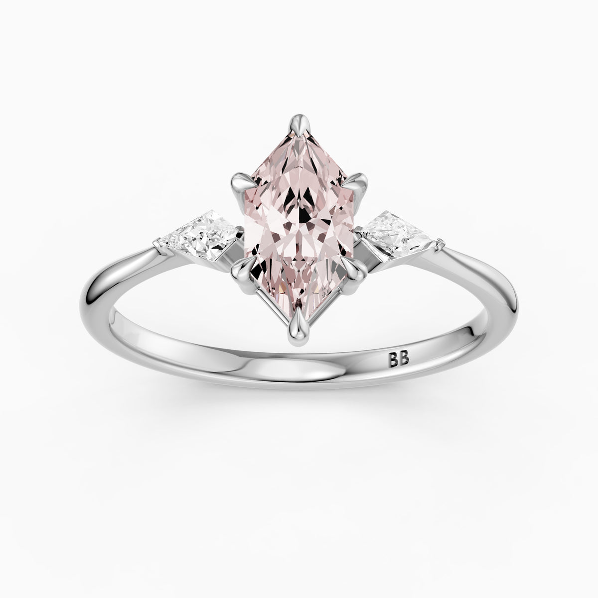 Greerly Dutch Marquise Pink Lab Grown Diamond Three Stone Ring with Kite Diamonds