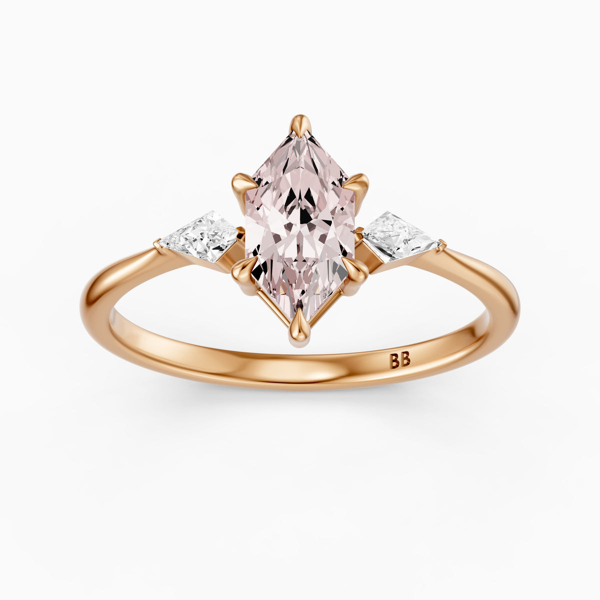 Greerly Dutch Marquise Pink Lab Grown Diamond Three Stone Ring with Kite Diamonds