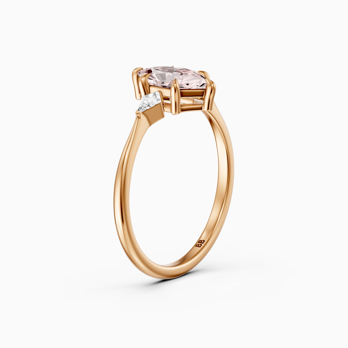 Greerly Dutch Marquise Pink Lab Grown Diamond Three Stone Ring with Kite Diamonds