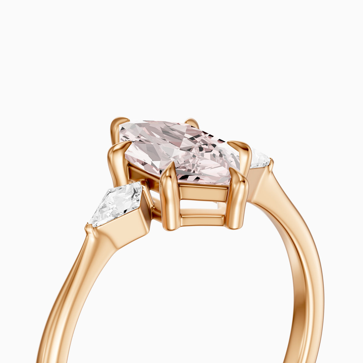 Greerly Dutch Marquise Pink Lab Grown Diamond Three Stone Ring with Kite Diamonds