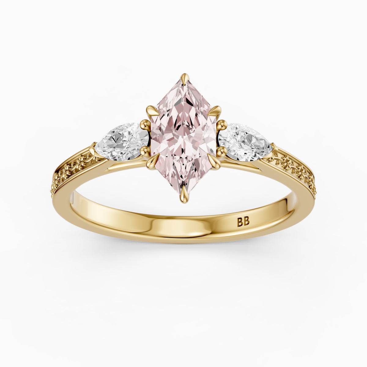 Winslet Dutch Marquise Cut Pink Lab Grown Diamond Vintage Three Stone Ring