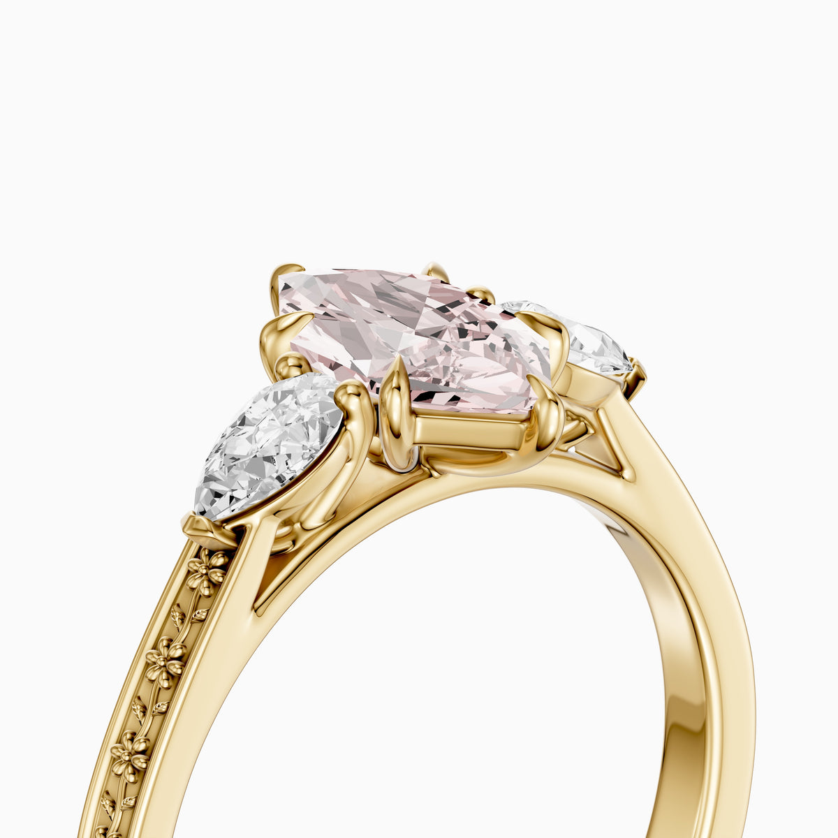 Winslet Dutch Marquise Cut Pink Lab Grown Diamond Vintage Three Stone Ring