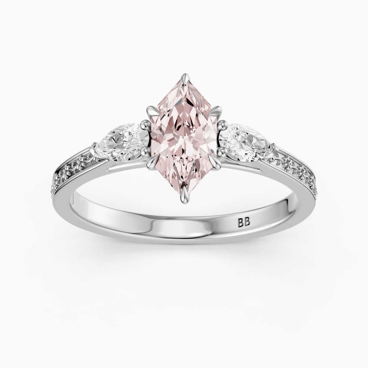 Winslet Dutch Marquise Cut Pink Lab Grown Diamond Vintage Three Stone Ring