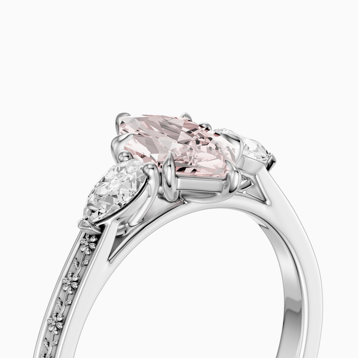 Winslet Dutch Marquise Cut Pink Lab Grown Diamond Vintage Three Stone Ring