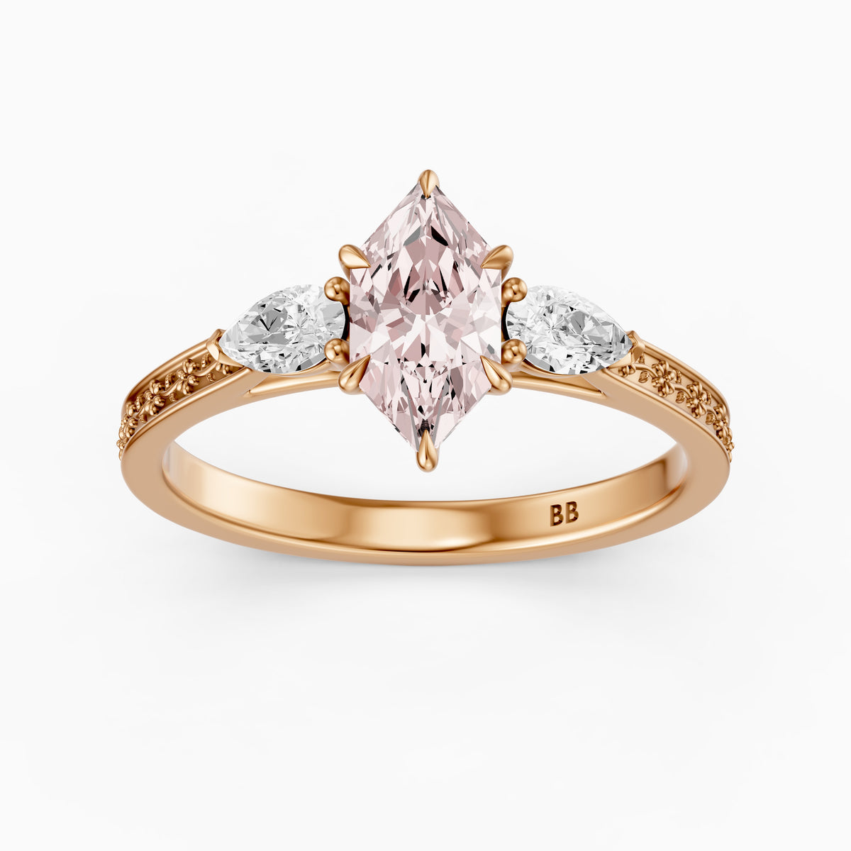 Winslet Dutch Marquise Cut Pink Lab Grown Diamond Vintage Three Stone Ring