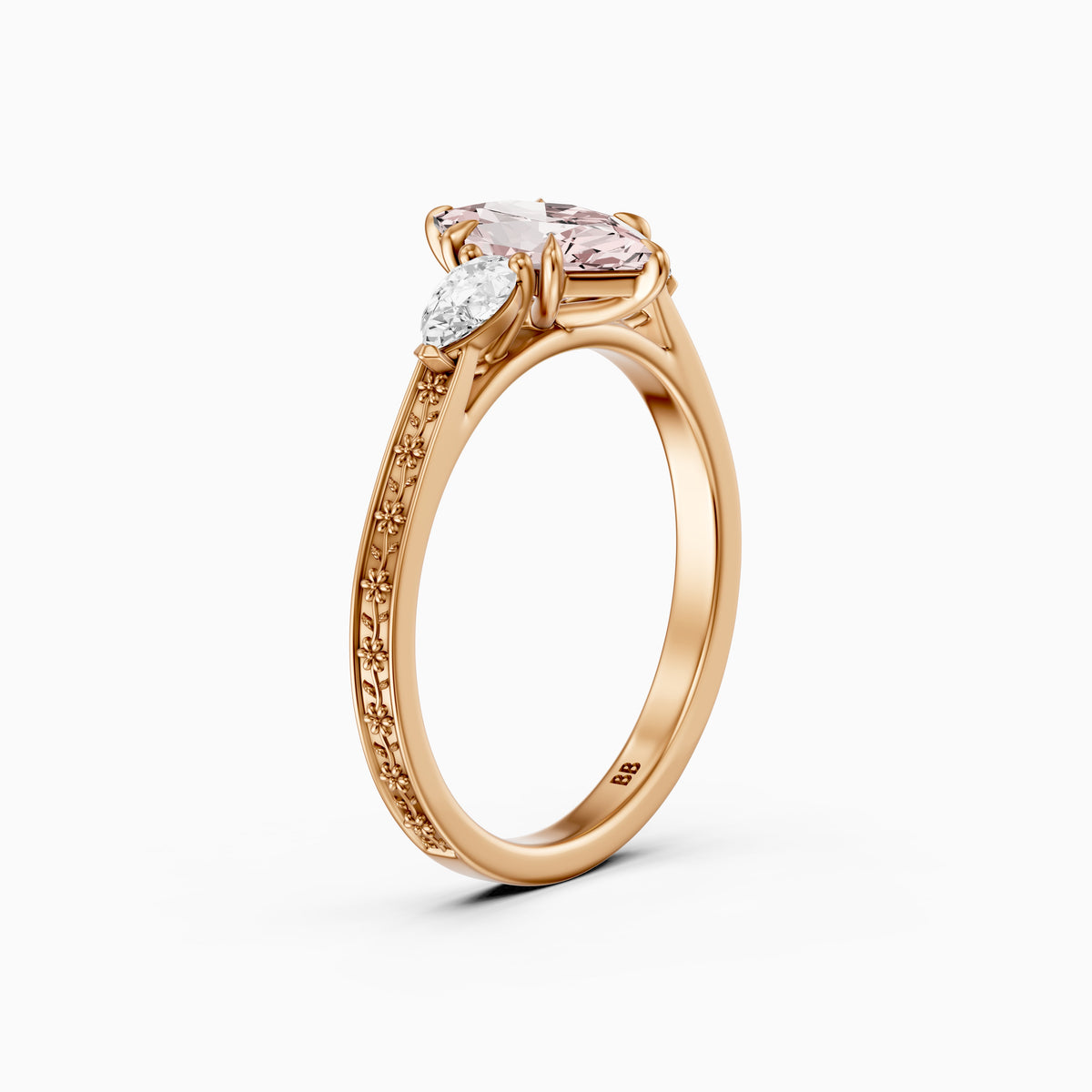 Winslet Dutch Marquise Cut Pink Lab Grown Diamond Vintage Three Stone Ring