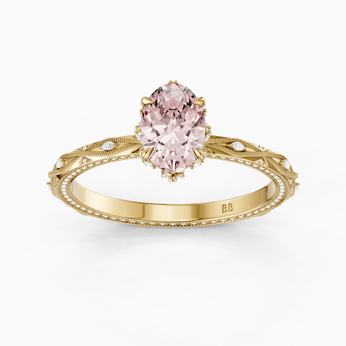 Anwen Oval Pink Lab Grown Diamond Ornate Vintage Halo Engagement Ring