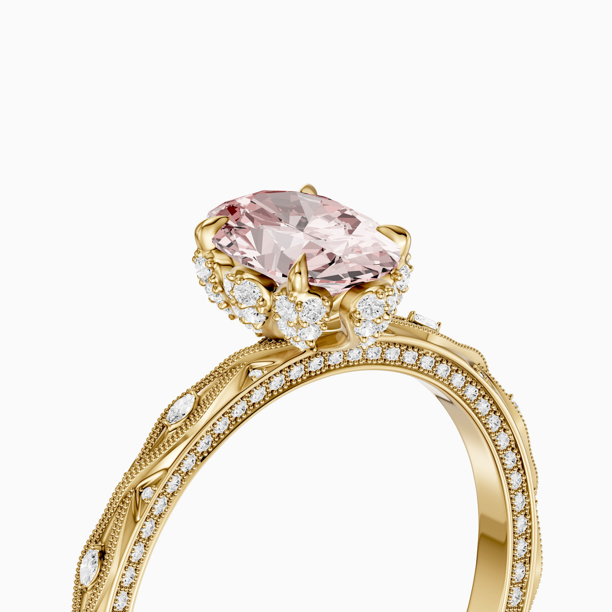 Anwen Oval Pink Lab Grown Diamond Ornate Vintage Halo Engagement Ring