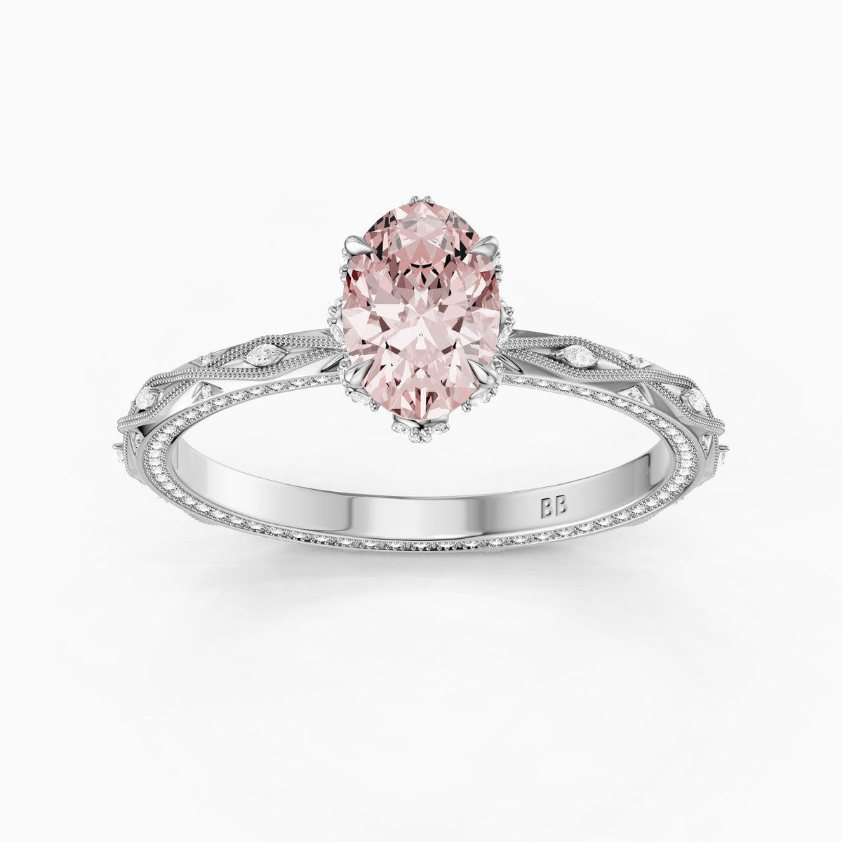 Anwen Oval Pink Lab Grown Diamond Ornate Vintage Halo Engagement Ring