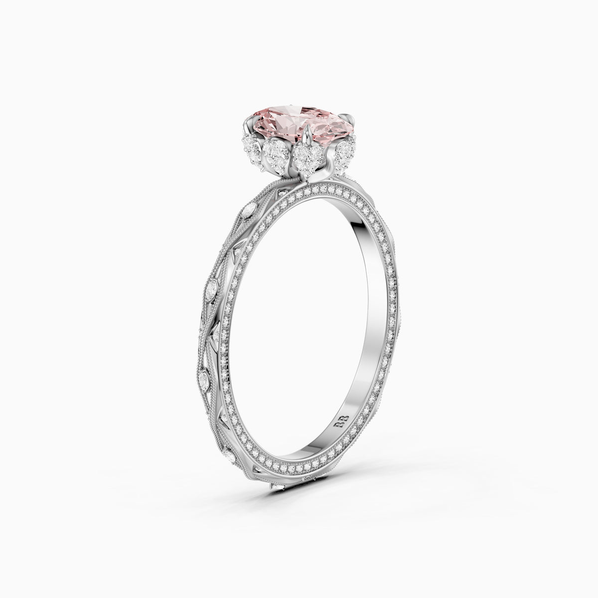 Anwen Oval Pink Lab Grown Diamond Ornate Vintage Halo Engagement Ring