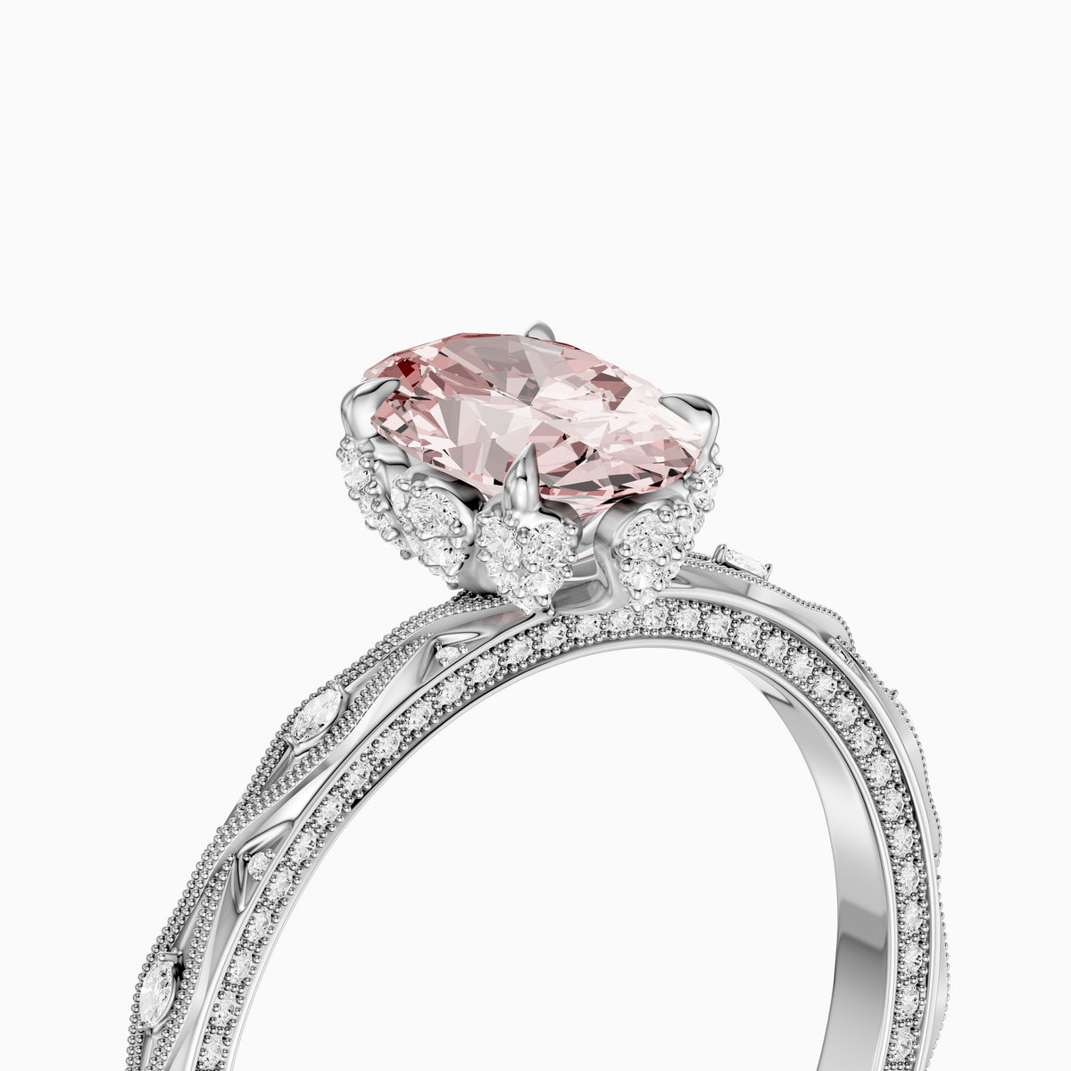 Anwen Oval Pink Lab Grown Diamond Ornate Vintage Halo Engagement Ring