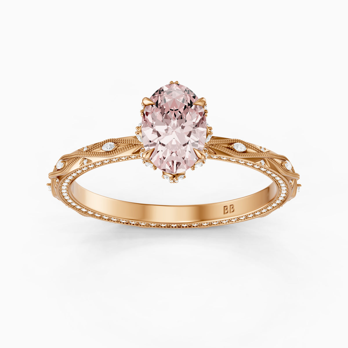 Anwen Oval Pink Lab Grown Diamond Ornate Vintage Halo Engagement Ring