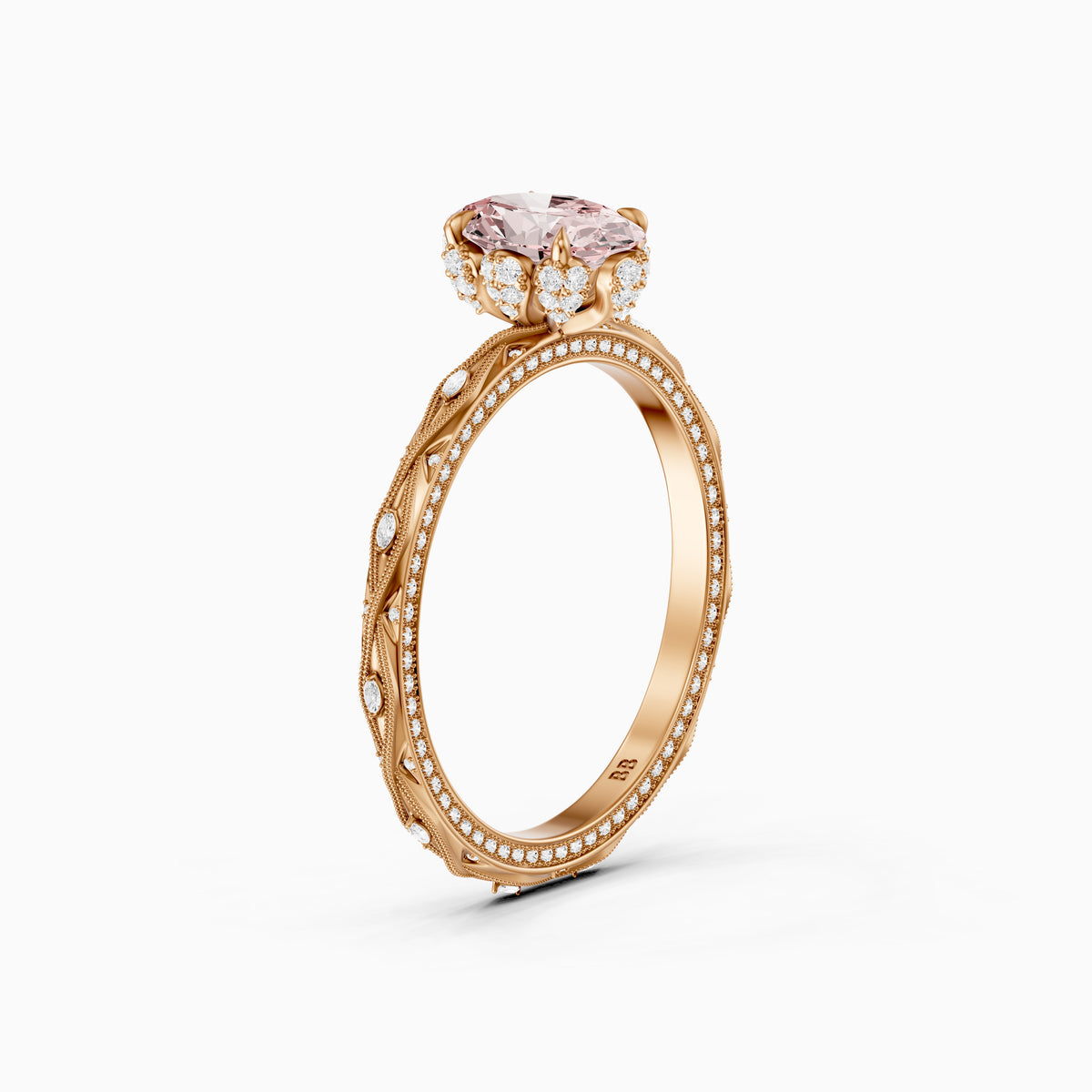Anwen Oval Pink Lab Grown Diamond Ornate Vintage Halo Engagement Ring