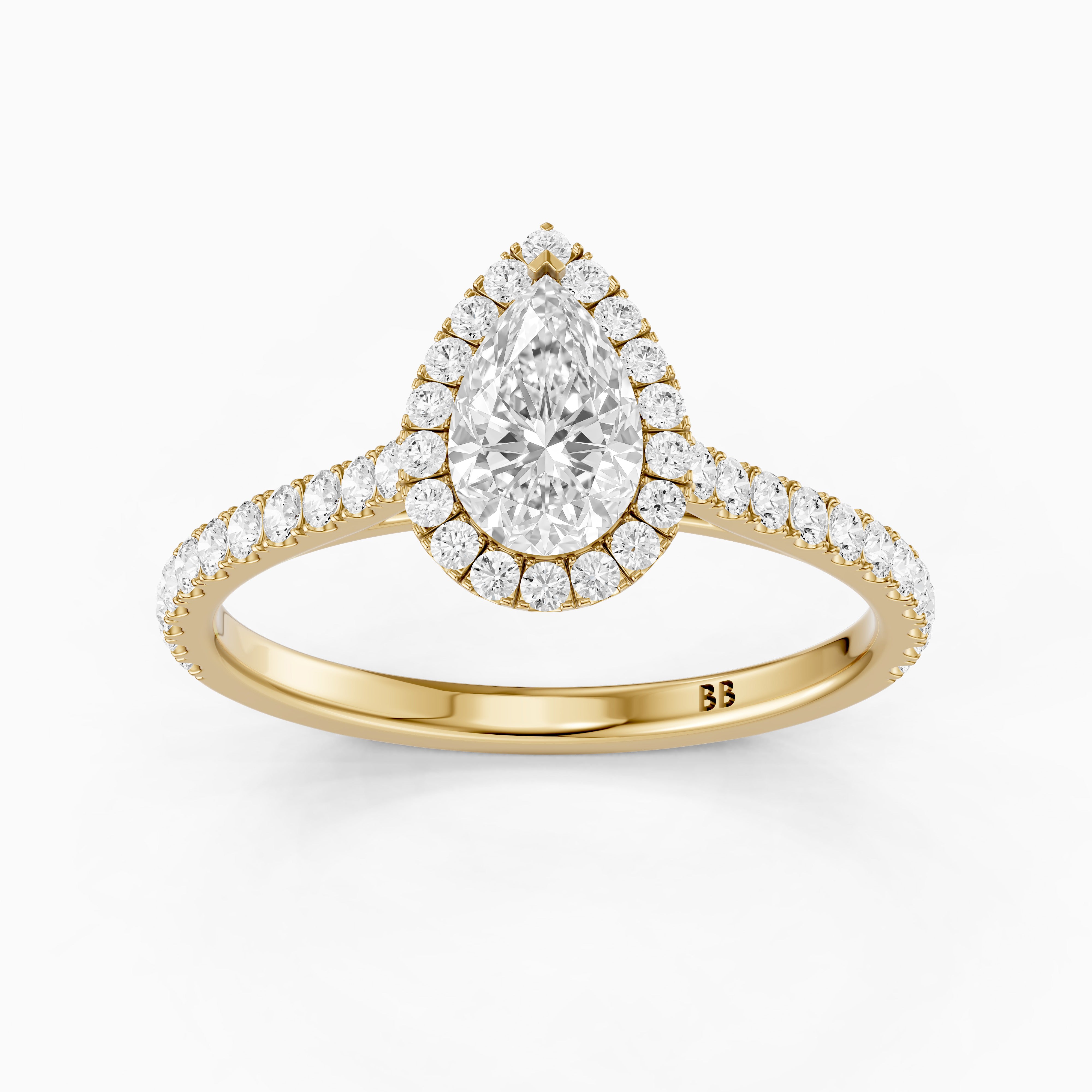 Joelle Pear Cut Halo Pave Side Stone Moissanite Engagement Ring