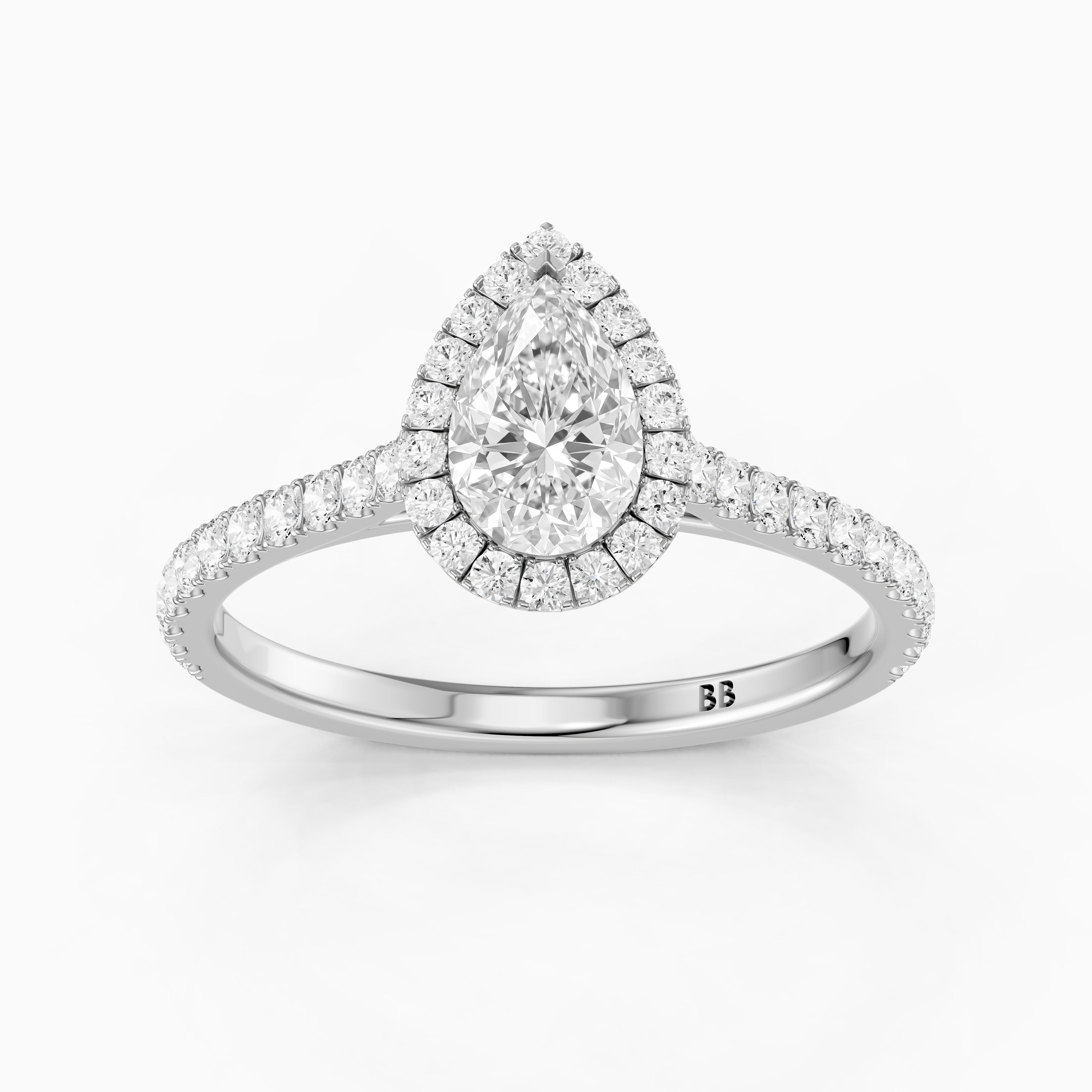 Joelle Pear Cut Halo Pave Side Stone Moissanite Engagement Ring