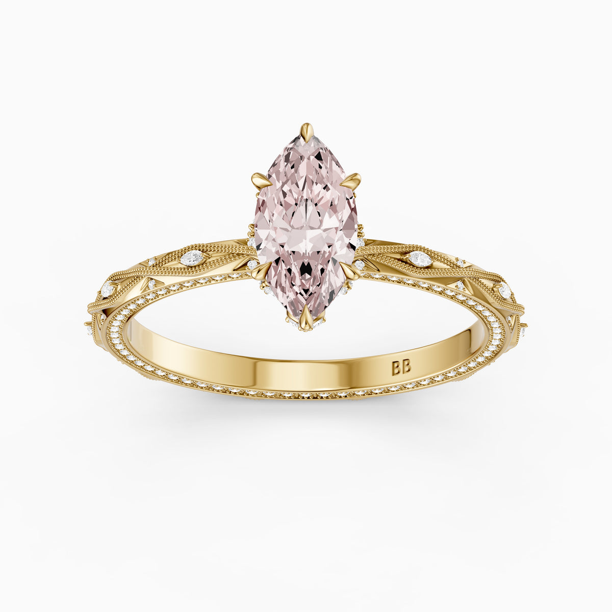 Fenella Marquise Pink Lab Grown Diamond Ornate Vintage Floral Halo Ring