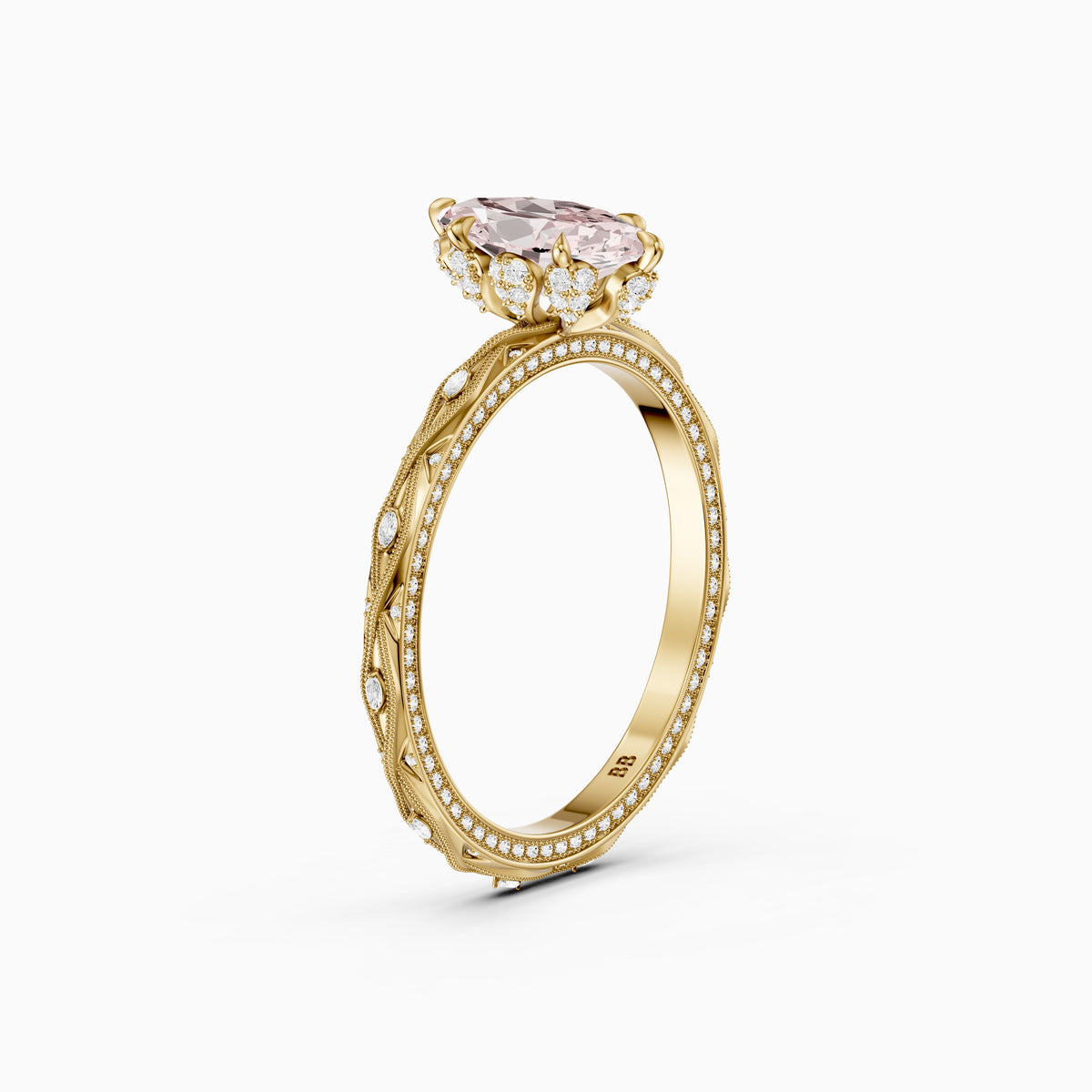Fenella Marquise Pink Lab Grown Diamond Ornate Vintage Floral Halo Ring