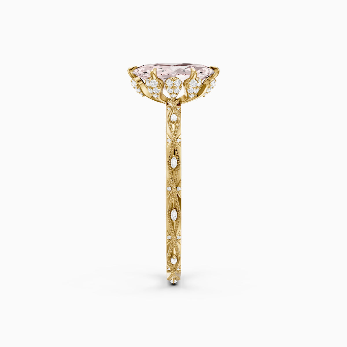 Fenella Marquise Pink Lab Grown Diamond Ornate Vintage Floral Halo Ring