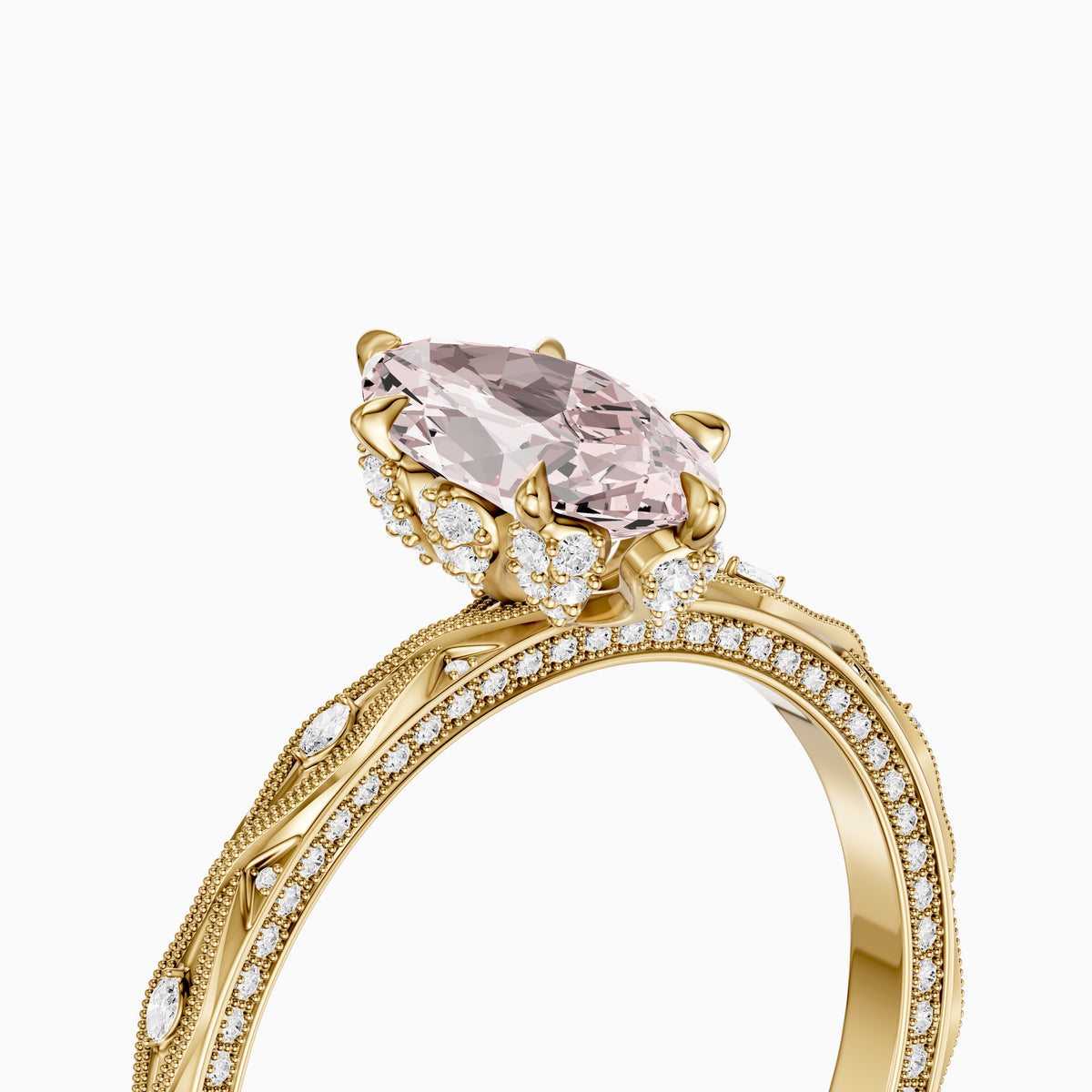 Fenella Marquise Pink Lab Grown Diamond Ornate Vintage Floral Halo Ring