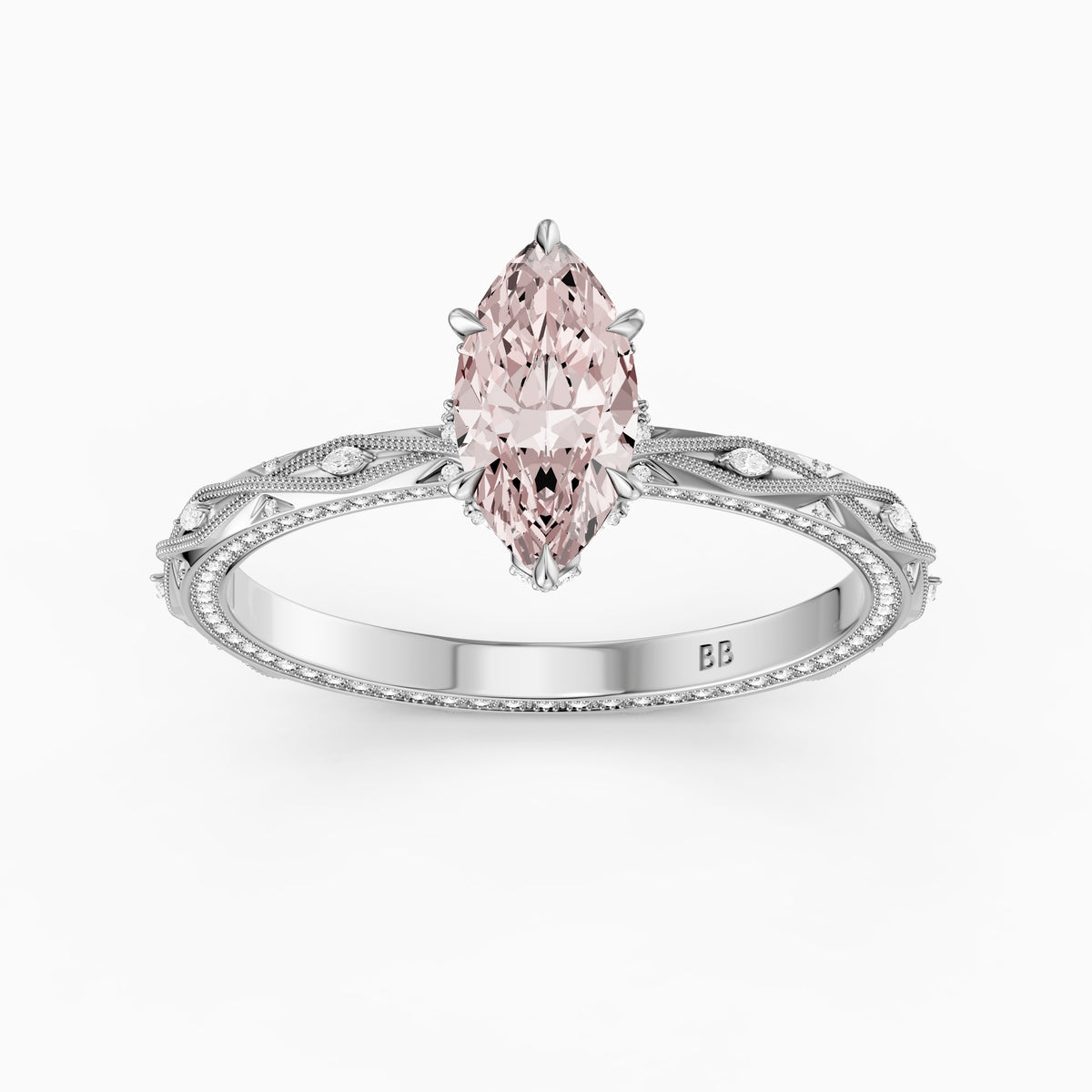 Fenella Marquise Pink Lab Grown Diamond Ornate Vintage Floral Halo Ring
