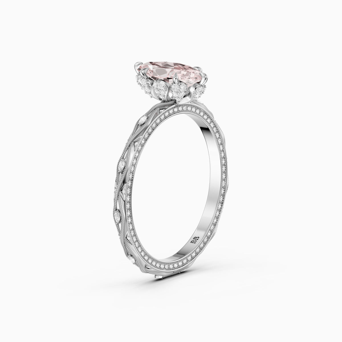 Fenella Marquise Pink Lab Grown Diamond Ornate Vintage Floral Halo Ring