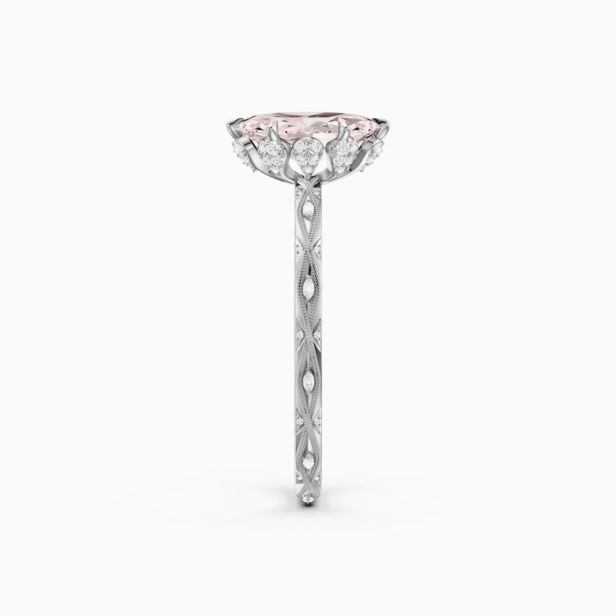 Fenella Marquise Pink Lab Grown Diamond Ornate Vintage Floral Halo Ring