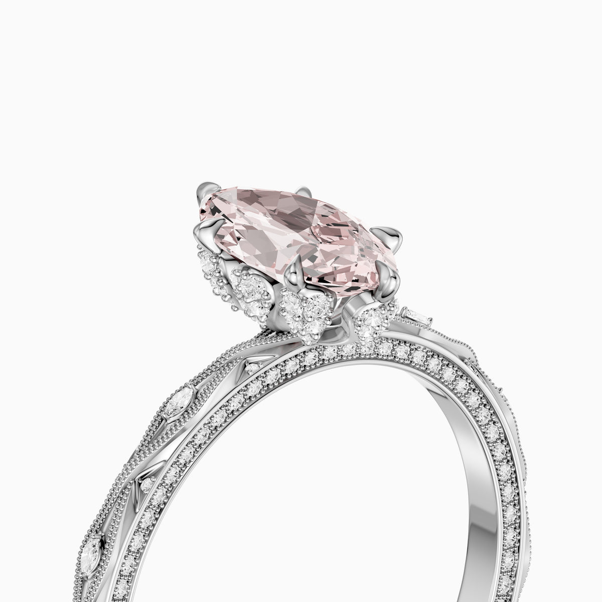 Fenella Marquise Pink Lab Grown Diamond Ornate Vintage Floral Halo Ring