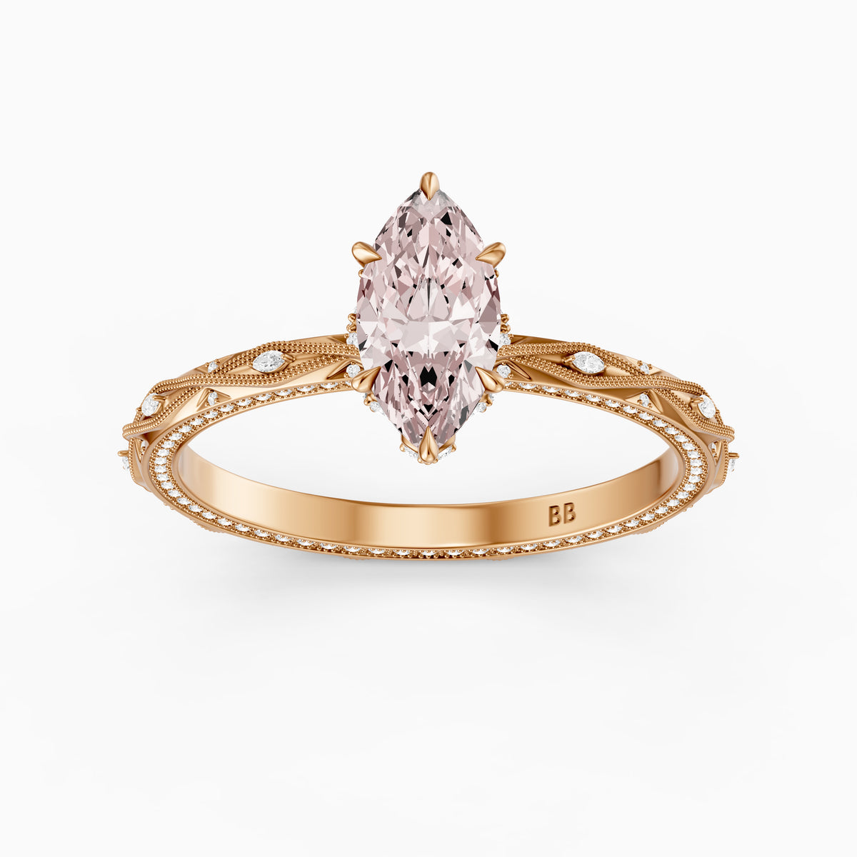 Fenella Marquise Pink Lab Grown Diamond Ornate Vintage Floral Halo Ring