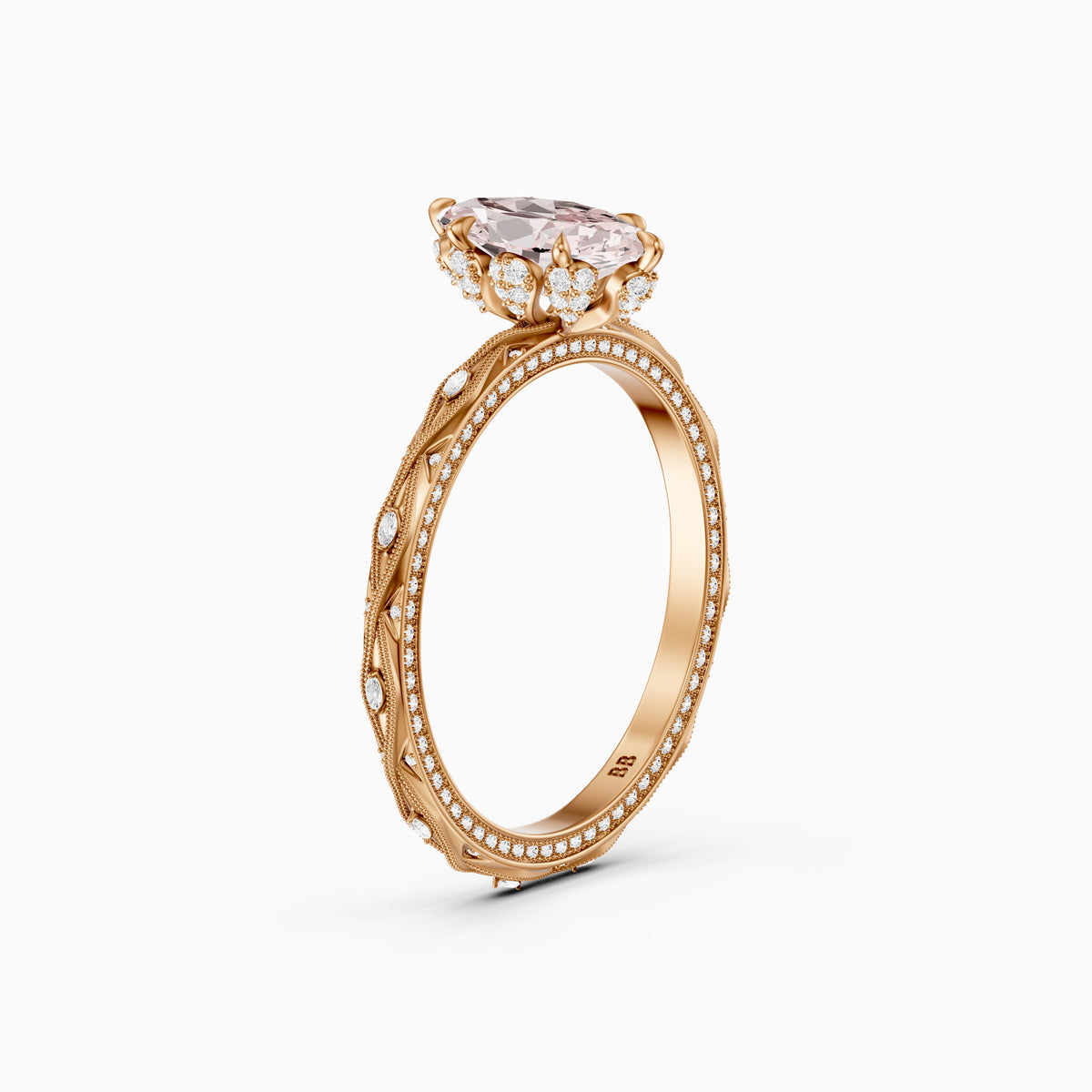 Fenella Marquise Pink Lab Grown Diamond Ornate Vintage Floral Halo Ring
