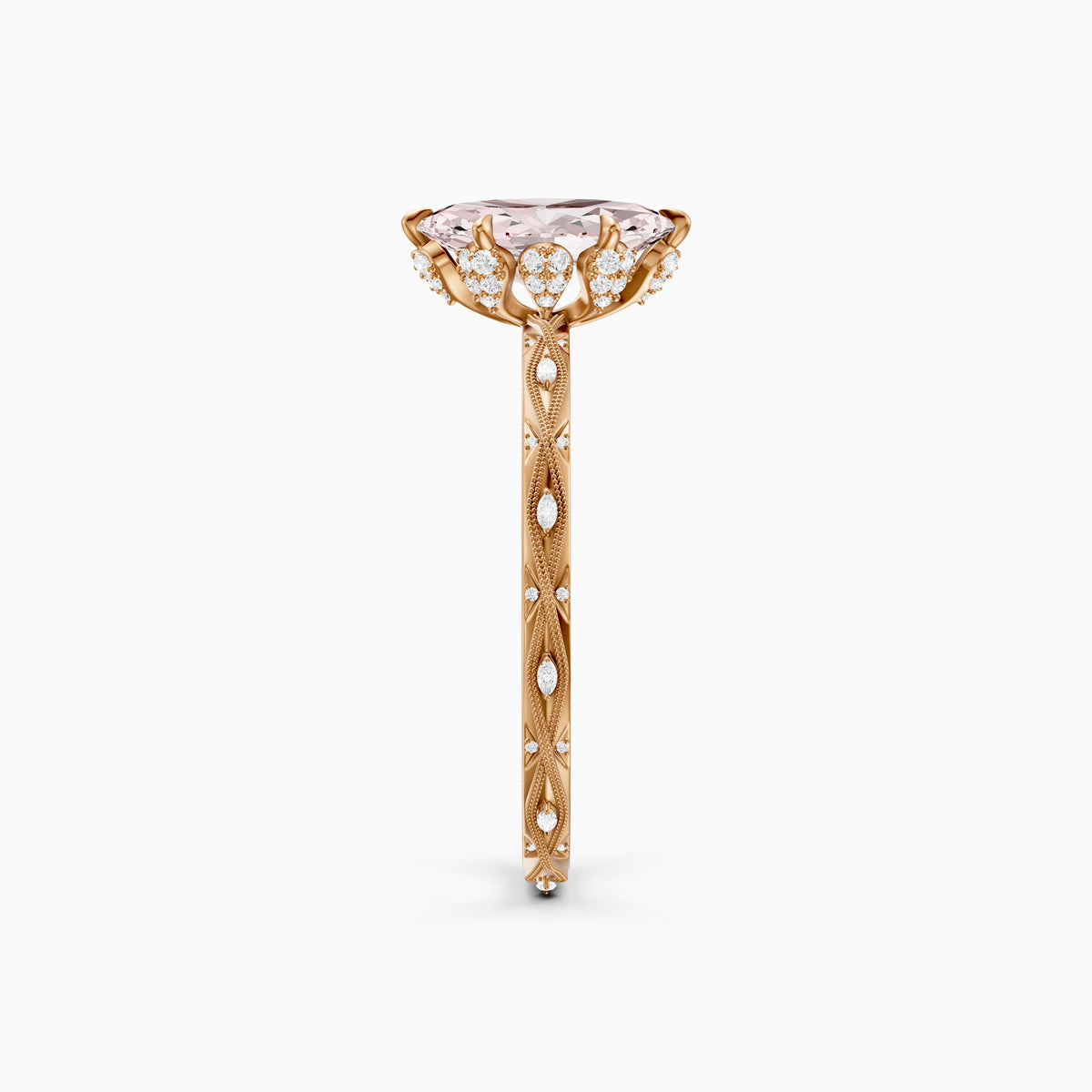 Fenella Marquise Pink Lab Grown Diamond Ornate Vintage Floral Halo Ring
